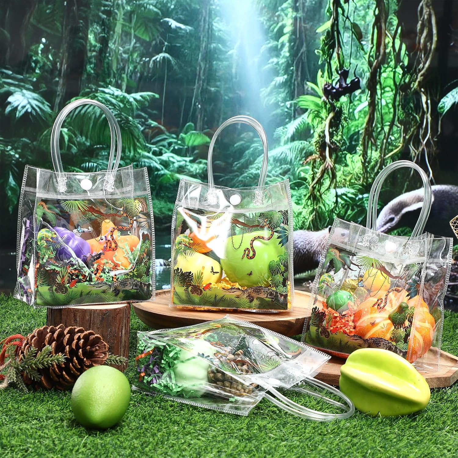 Leinuosen 24 Pcs Reptile Party Favor Reptile Swamp Clear PVC Gift Bags with Handle Lizards Turtles Snakes Crocodiles Treat Bags for Wildlife Jungle Animal Party Supplies - Image 3