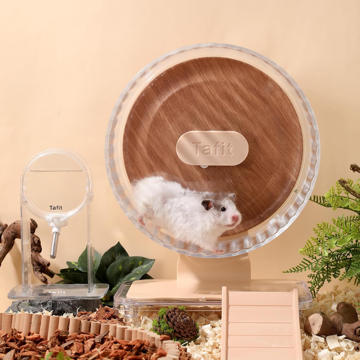 Silent Hamster Wheel 10.5 Inch Dual-Bearings Quiet Running Exercise Wheels with Wood Grain Backboard, Height Adjustable for Syrian Hamsters, Gerbils, Mice, Hedgehog, Lemmings, Warm Brown - Image 7