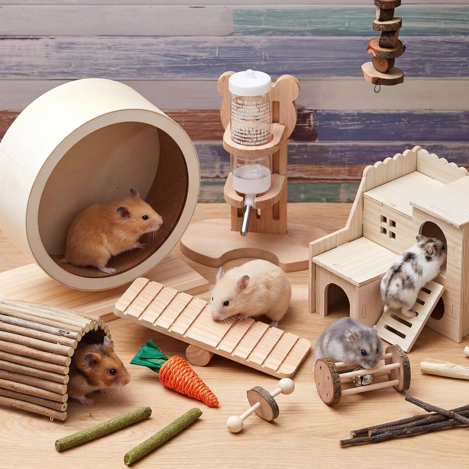 18 Pcs Hamster Cage Accessories, Silent Hamster Wheel, 15 Chew Toys Set, Maze Wood House and Water Bottle Set for Rat Mice Small Animals Habitat (Harmony Wooden Style) - Image 2