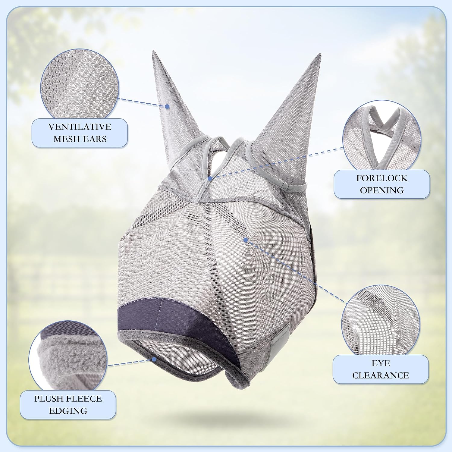 Horse Fly Mask with Ears - UV Protection Fine Mesh Super Comfort Fly Masks for Horses, Adjustable Breathability Horses Masks, Pony Equine Fly Mask for Miniature Foal Draft Cob Srabian Full (Gray, L) - Image 6
