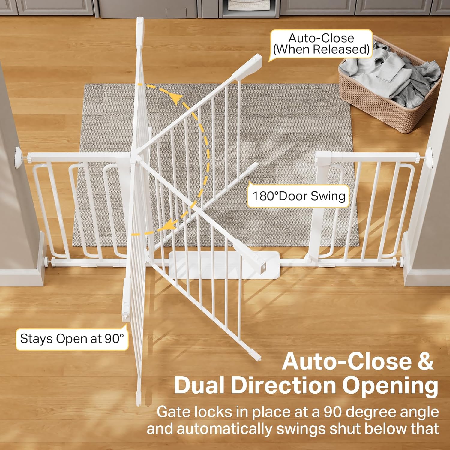 Cumbor 36.6-59" Extra Wide Baby Gate for Stairs, Pressure Mounted Dog Gate for Doorways, Auto-Close Easy Walk Through Safety Child Gate for Kids Toddler, Tall Pet Gates Indoor, White - Image 5