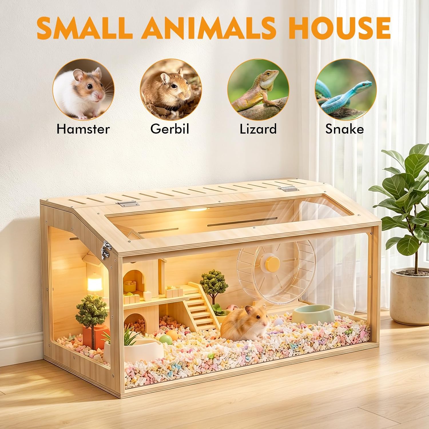 XiaZ Hamster Cage Chewproof,32Inch Large Hamster Cage with Panoramic View and Ventilated Top, Spacious Acrylic Glass Habitat for Syrian Dwarf Hamsters and Degus, Natural Wood Frame Enclosure - Image 7