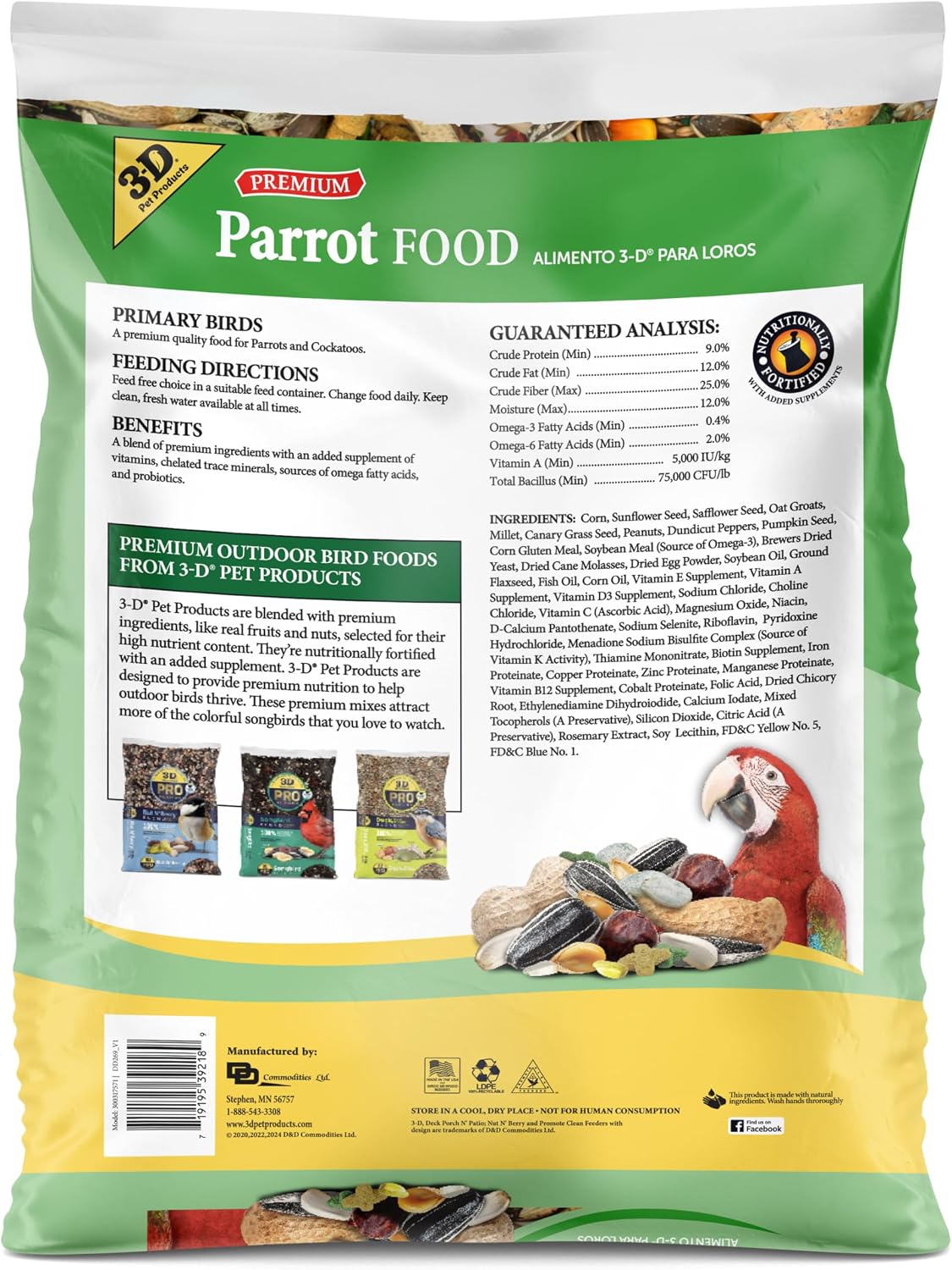 3-D Pet Products Premium Parrot Food, Seed Mix for Parrots, Cockatoos & Macaws, with Vitamins, Minerals & Probiotics, No Chemical Preservatives - Image 8