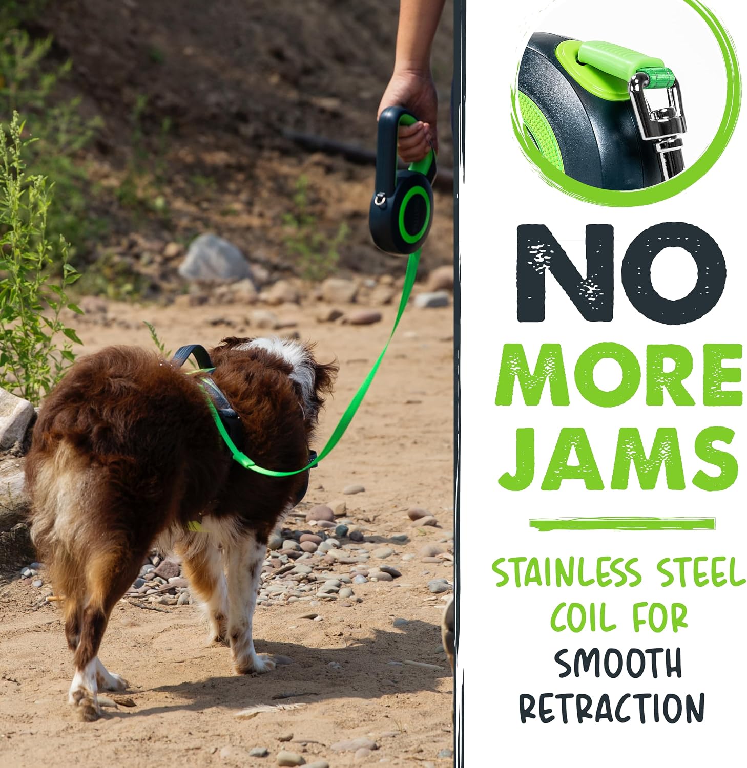 Mighty Paw Retractable Dog Leash 2.0 | 16' Heavy Duty Reflective Nylon Tape Lead for Pets up to 0-50 lbs. Tangle Free Design W/One Touch Quick-Lock Braking System & Anti-Slip Handle (Green/Lite) - Image 6