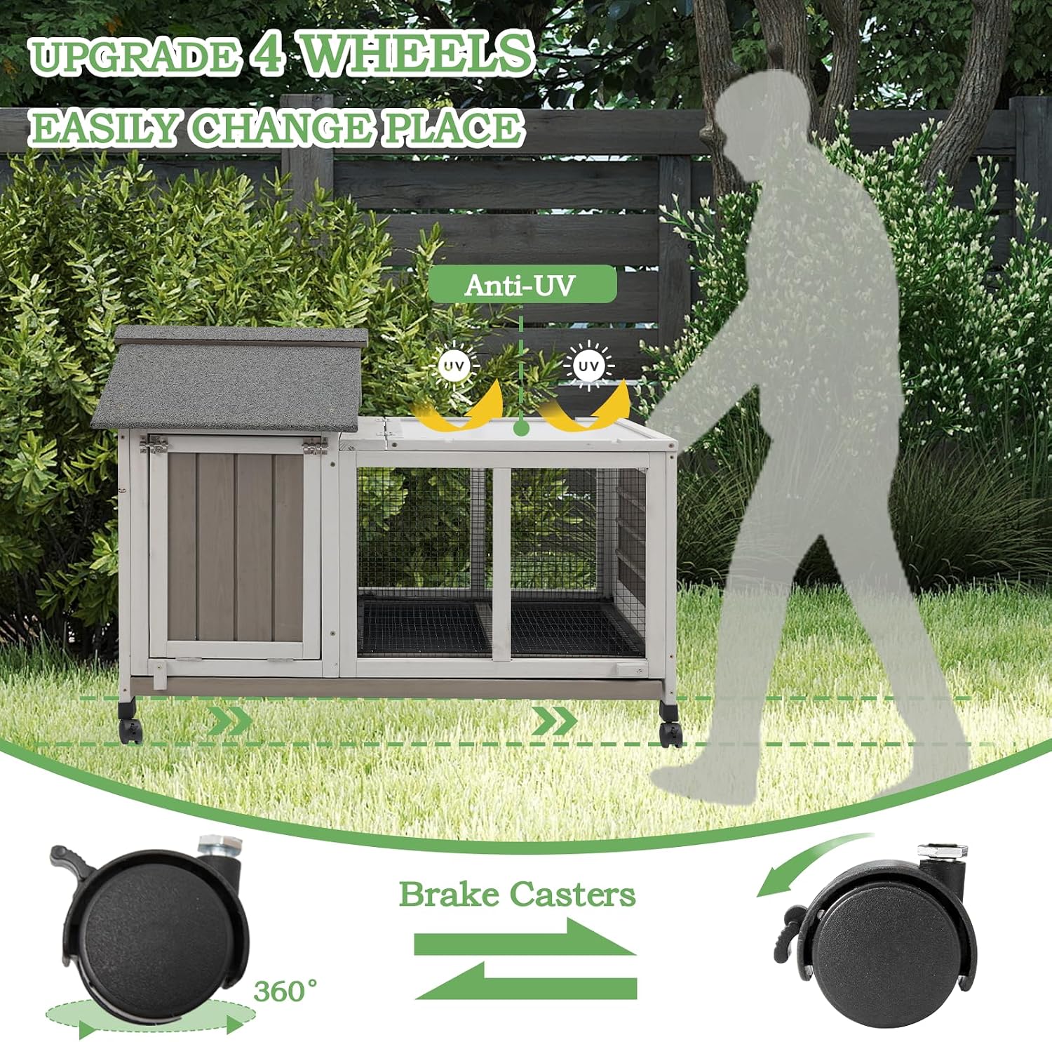 Gowoodhut 38.19"L Rabbit Hutch Indoor and Outdoor with 4 Wheels,Wooden Rabbit Cage with Pull Out Leak-Proof Tray for 1-2 Rabbits,Bunny Hutch with Asphalt Roof Suitable for Garden,Park,Living Room,Grey - Image 2