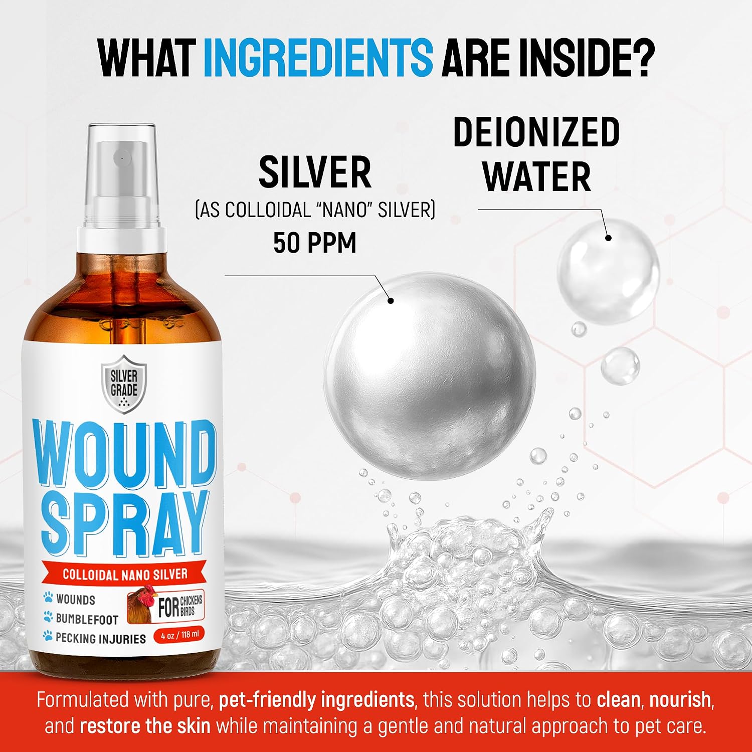SILVER GRADE Wound Spray for Chicken – Birds & Chicken Antibiotics Alternative to Help with Pecking Sores, Bumblefoot, Cuts – Poultry Spray with Silver – GMOs Free – 4-Oz Bottle - Image 3