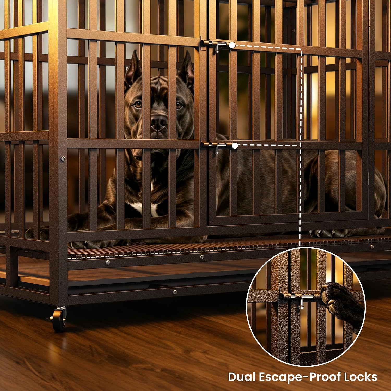 Hiwokk 48 Inch Heavy Duty Dog Crate, Indestructible Escape-Proof Dog Kennel for High Anxiety Large Dogs, Strong Metal Pet Cage with Double Doors, Lockable Wheels & Removable Tray, XL XXL XXXL - Image 2