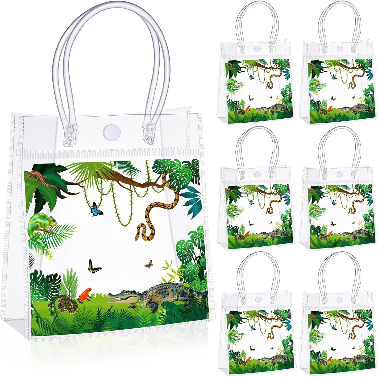 Leinuosen 24 Pcs Reptile Party Favor Reptile Swamp Clear PVC Gift Bags with Handle Lizards Turtles Snakes Crocodiles Treat Bags for Wildlife Jungle Animal Party Supplies