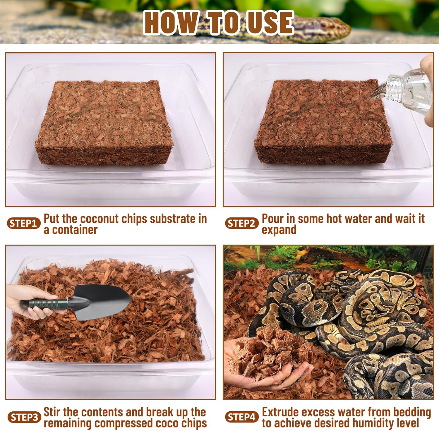 Riare 10LB Coconut Chip Substrate for Reptiles, 72 Quart Coconut Fiber Substrate Coco Chips Substrate Coconut Husk Bedding for Snakes, Tortoises, Ball Python, Bearded Dragon, Geckos, Lizards, Frogs - Image 3