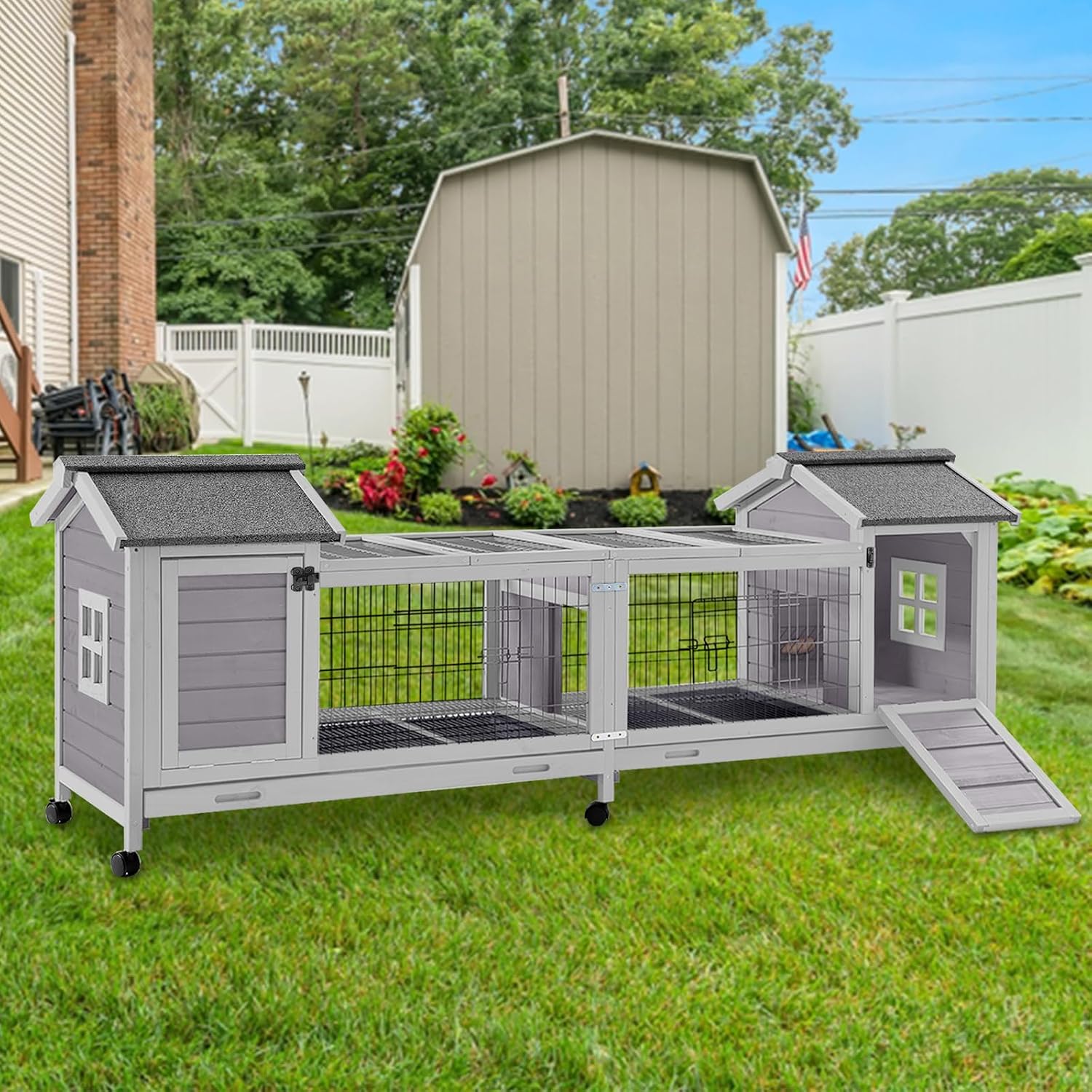Wooden Rabbit Hutch with Wheels, Indoor Outdoor Bunny Cage with Removable Netting, Guinea Pig House with Leak-Proof Trays - Image 2