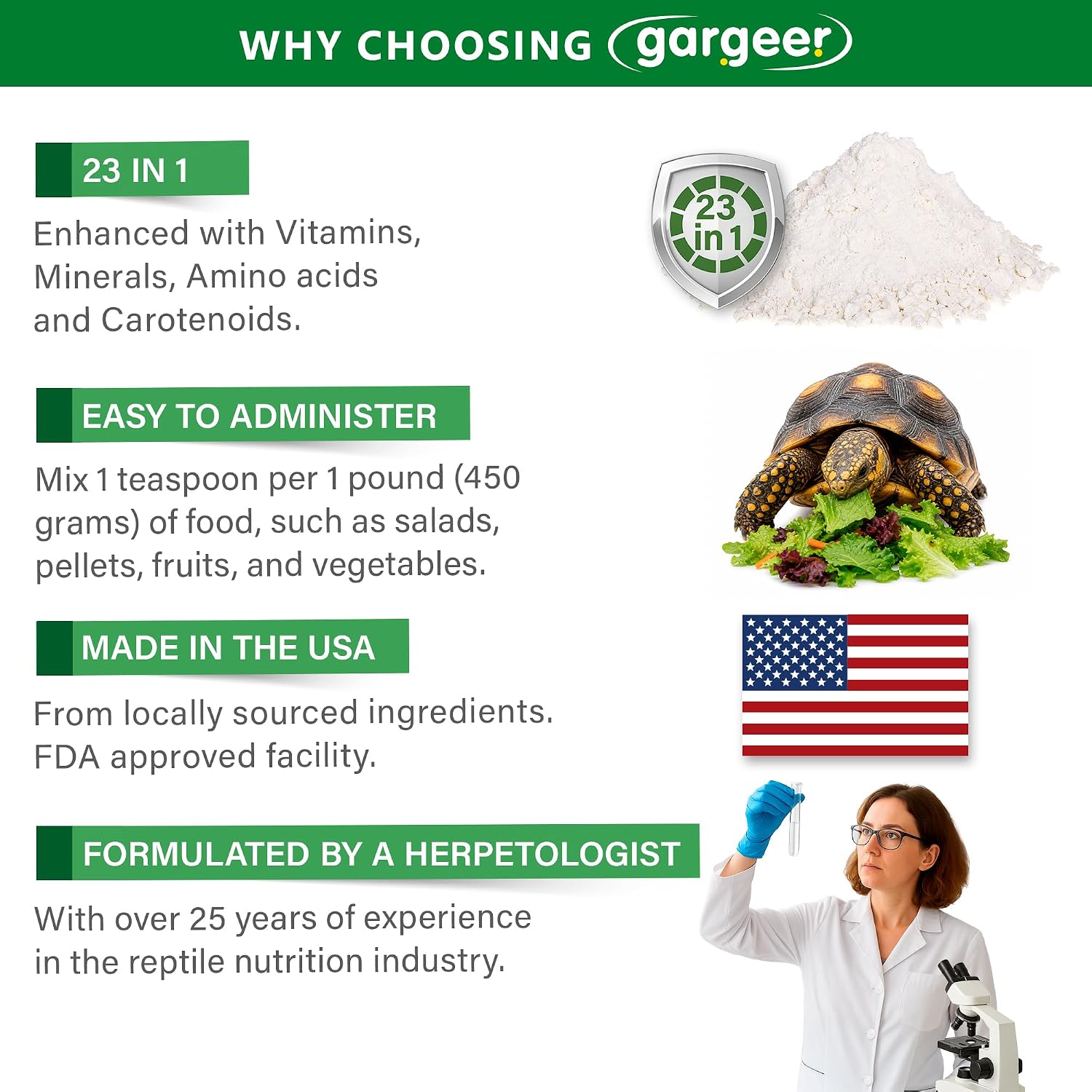 Gargeer Forest Jump - Forest Tortoise Multivitamin & Mineral Powder 2oz, Probiotics, Calcium & Vitamins for Red Foot, Yellow Foot & Hingeback Tortoises & All Forest Tortoises. Made in the USA. Enjoy! - Image 4