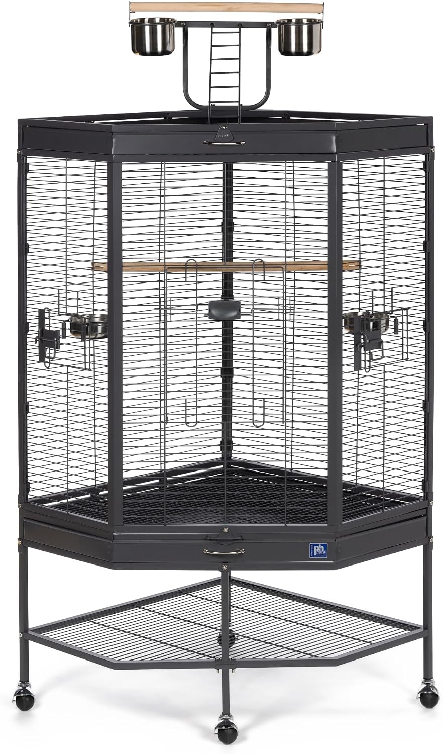 Prevue Pet Products Corner Bird Cage with Playtop - Large Cage with Rolling Stand, Comes with Wooden Perches & Double Food & Water Cups, Secure Side Door Locks, Elevated for Enrichment - Black