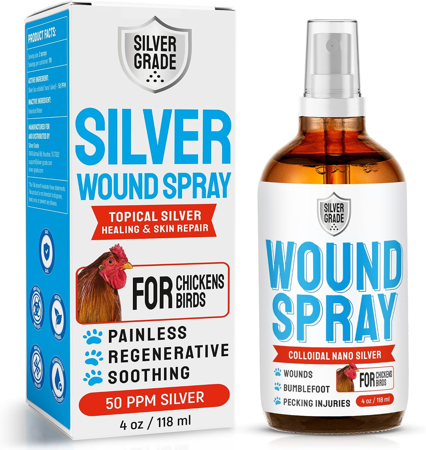 SILVER GRADE Wound Spray for Chicken – Birds & Chicken Antibiotics Alternative to Help with Pecking Sores, Bumblefoot, Cuts – Poultry Spray with Silver – GMOs Free – 4-Oz Bottle
