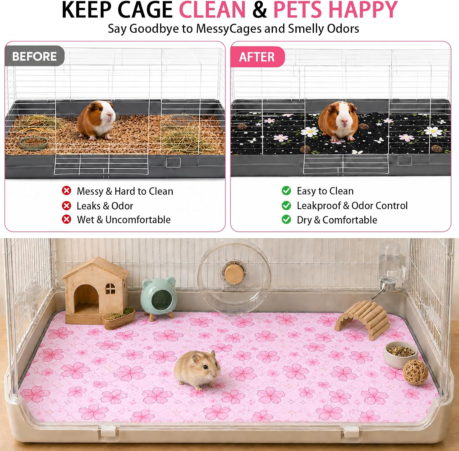 Guinea Pig Cage Liner 2 Pack Super Absorbent Washable Guinea Pig Pee Pads Waterproof Reusable Anti Slip Bedding Pee Pad Mat for Rabbit Bunny Rat Cat (Flowers, 28" x 14" (2 Pack)) - Image 3