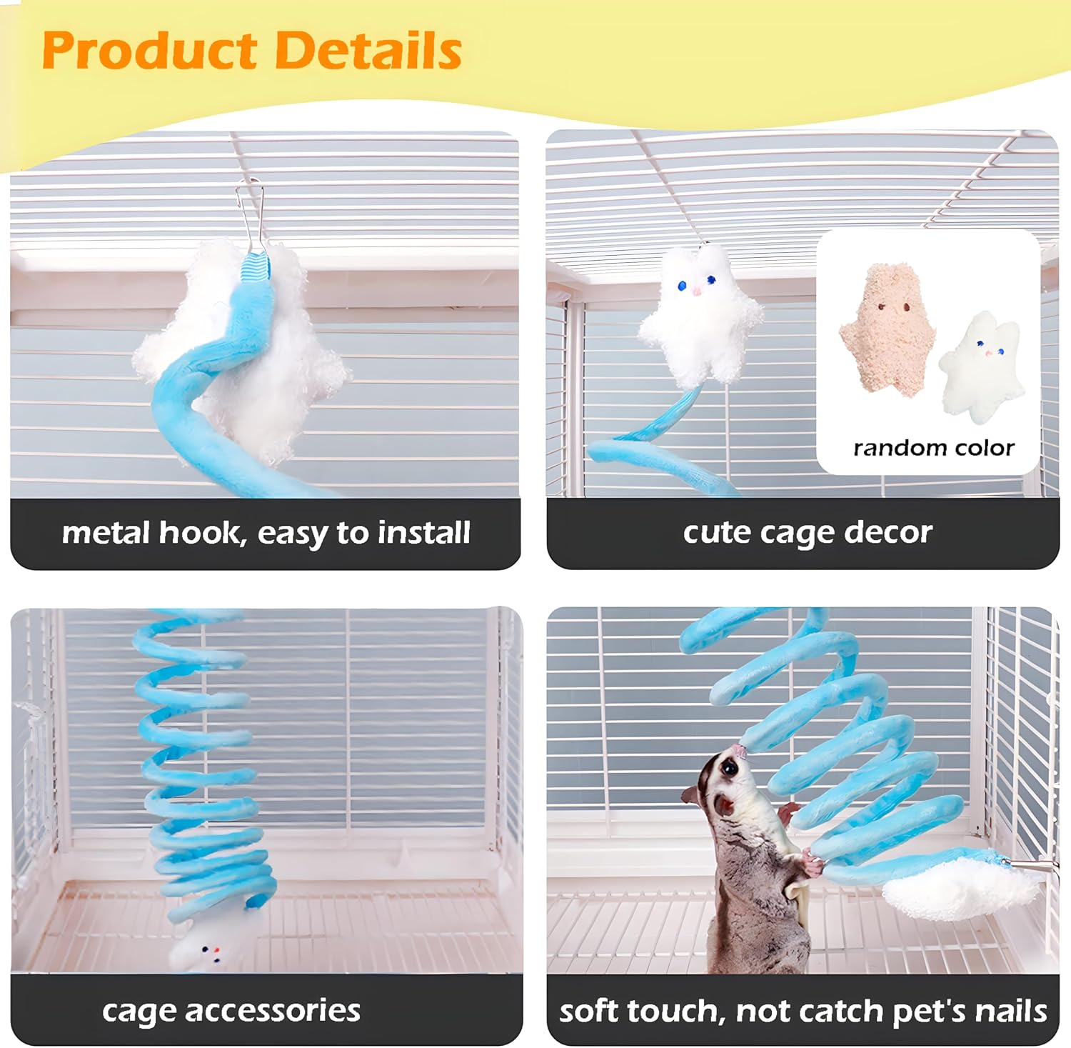 Sugar Glider Toys, Elastic Sugar Glider Climbing Ropes, Hanging Sugar Cage Accessories, Rat Enrichment Climbing Toys, Soft Touch Small Pet Swing Toy (2pcs Blue & Yellow) - Image 5