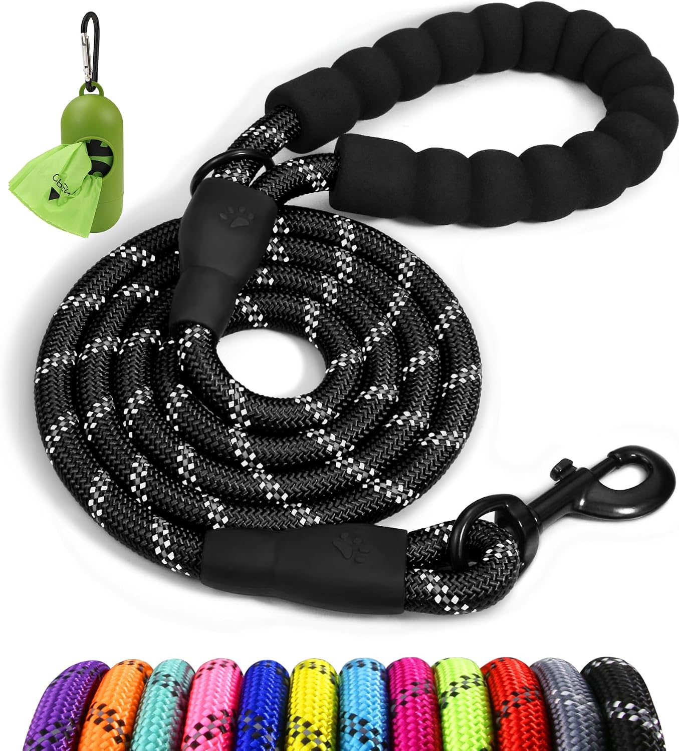 Taglory Rope Dog Leash for Medium Large Dogs, 6 FT Padded Handle, Black | Climbing Rope for Strong Pullers, Reflective for Night Walks and Training, Comfortable Grip, Anti-tangle Swivel Clip 1/2 inch
