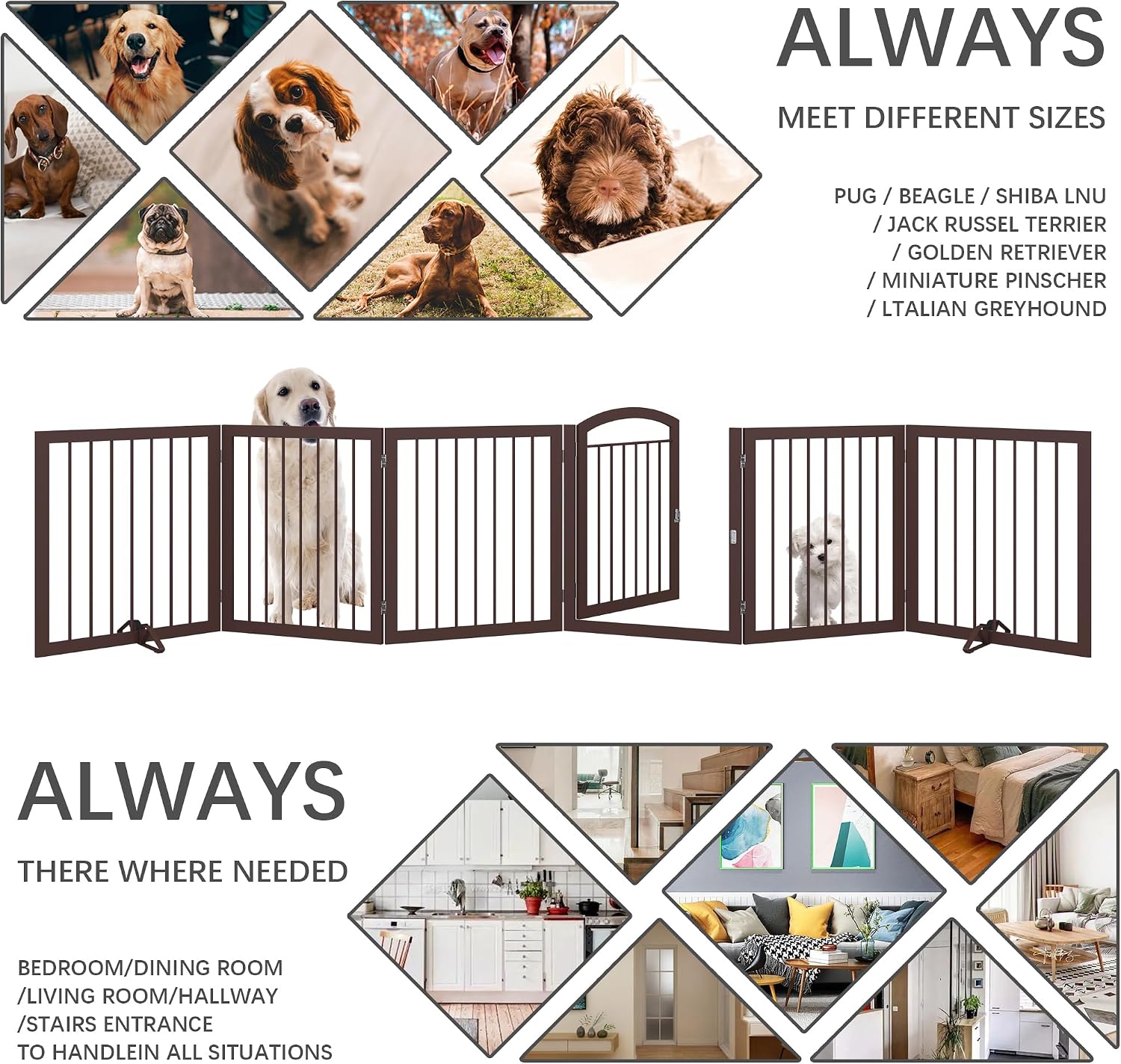 JSB 144-inch Extra Wide 30-inch Tall Dog gate with Door Walk Through, Freestanding Round Tube Pet Gate for Halls Stairs, Puppy Safety Dog Fence with 2PCS Support Feet (Espresso) - Image 3