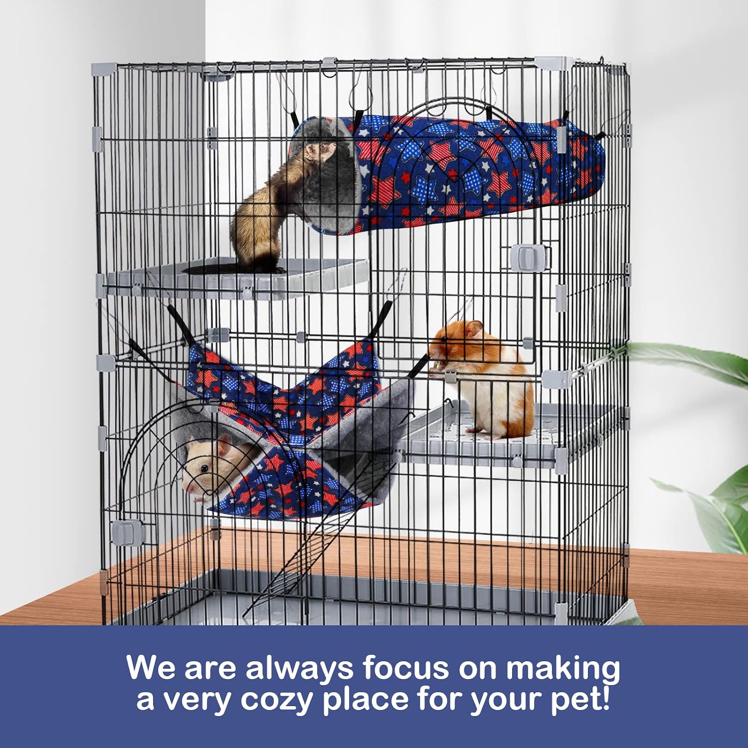 petonfun Ferret Rat Hammock Set Guinea Pig Hideout Bed,Soft Hamster Toys Hanging Tunnels and Tubes,Plush Small Animal Pet Chinchilla for Cage Accessories Hide,Play and Sleep,2 Pack,Blue Star - Image 3