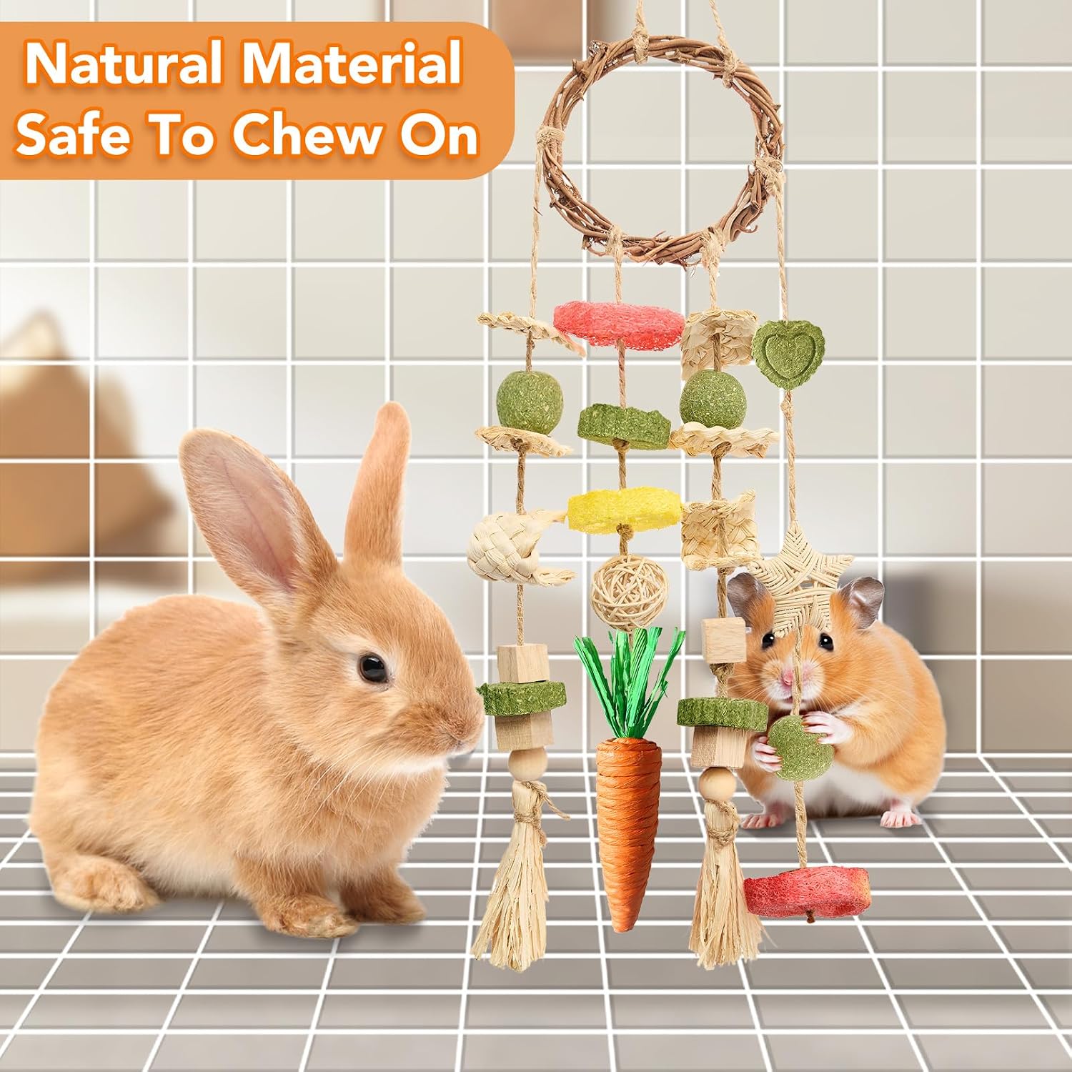 Jorewood Rabbit Chew Toys Bunny Cage Hanging Toy and Treats Rattan Ring with Snacks for Rodent Pets Teeth Healthy - Image 3