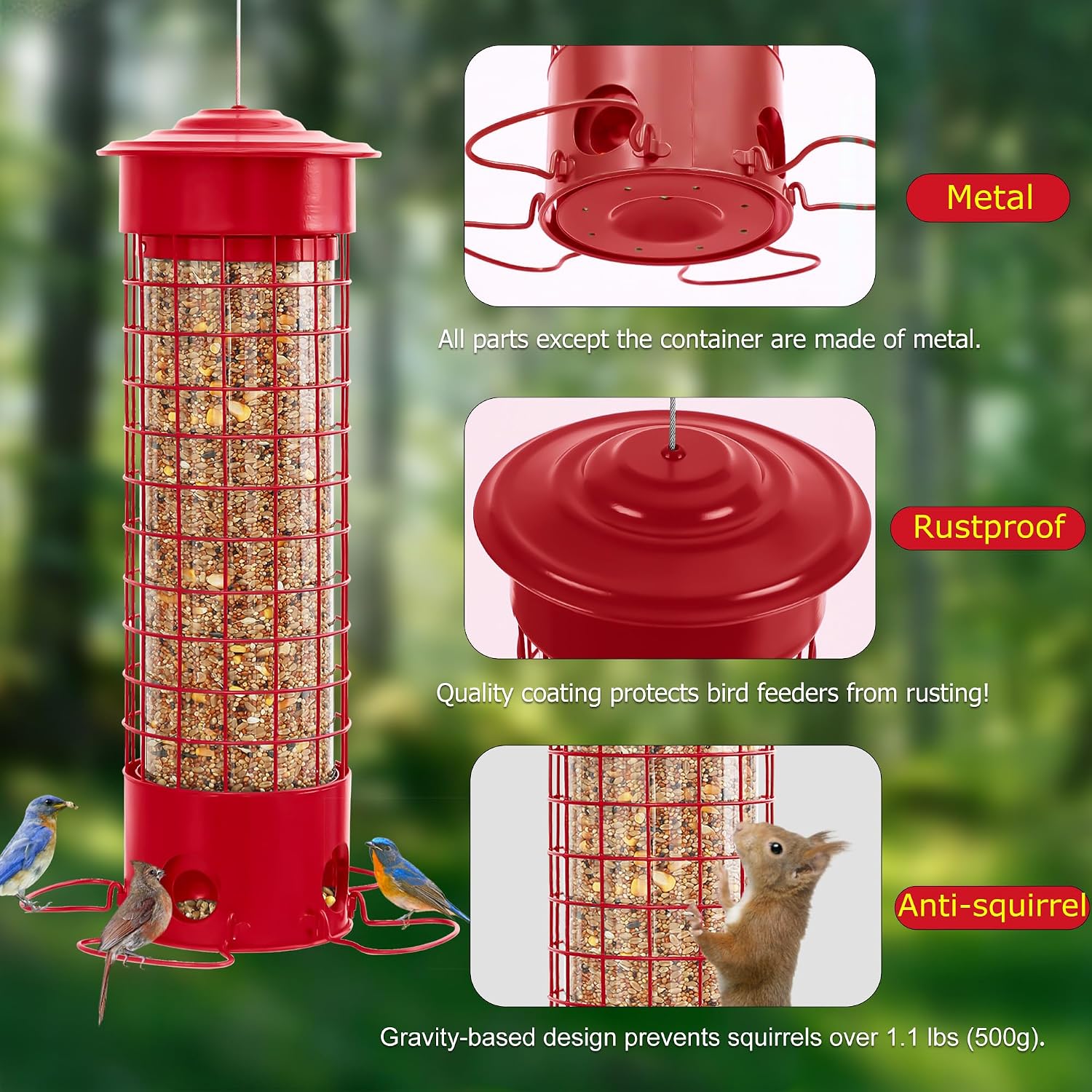Squirrel Proof Bird Feeders, Metal Wild Bird Feeder for Outdoors Hanging, Weight Activated Squirrel Buster for Chickadees, Goldfinches, Cardinals, Chew-Proof, 4.4LB Large Capacity, Red - Image 2