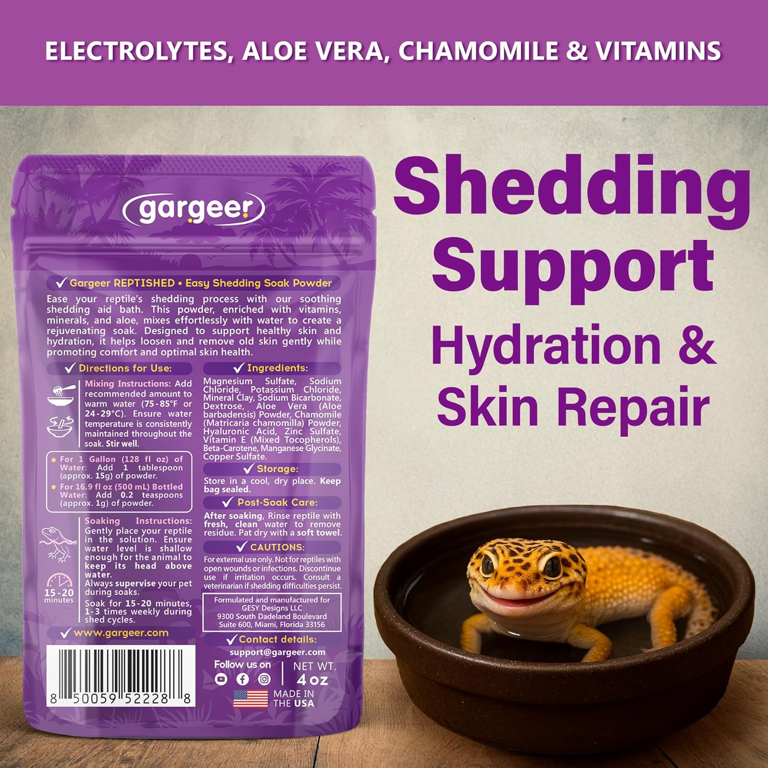 Gargeer 4oz Electrolytes Bath Powder for Reptiles. USA Made Hydration Aid | Restores fluid balance & energy! Therapeutic bath powder with magnesium, sodium & potassium for post-laying or illness - Image 2