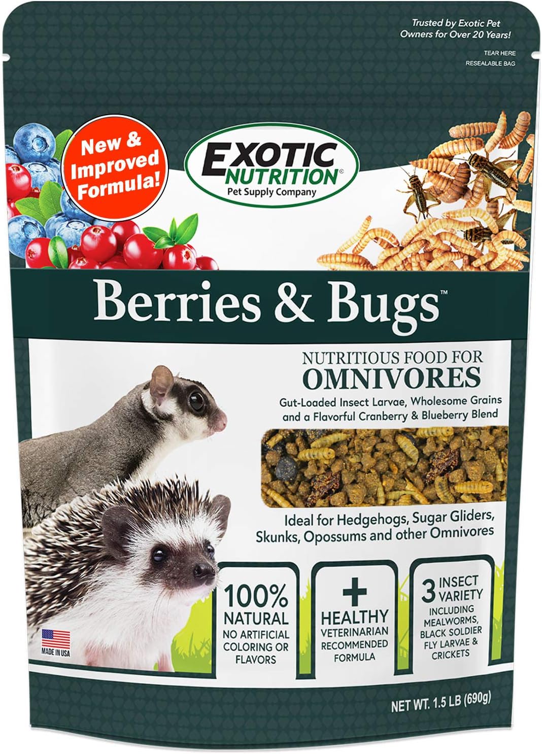 Berries & Bugs 1.5 lb - All Natural High Protein High Fiber Food for Hedgehogs, Skunks, Opossums, Sugar Gliders - Universal Insectivore Diet with Fruit, Gut-Loaded Insects, & Healthy Vitamins - Image 3