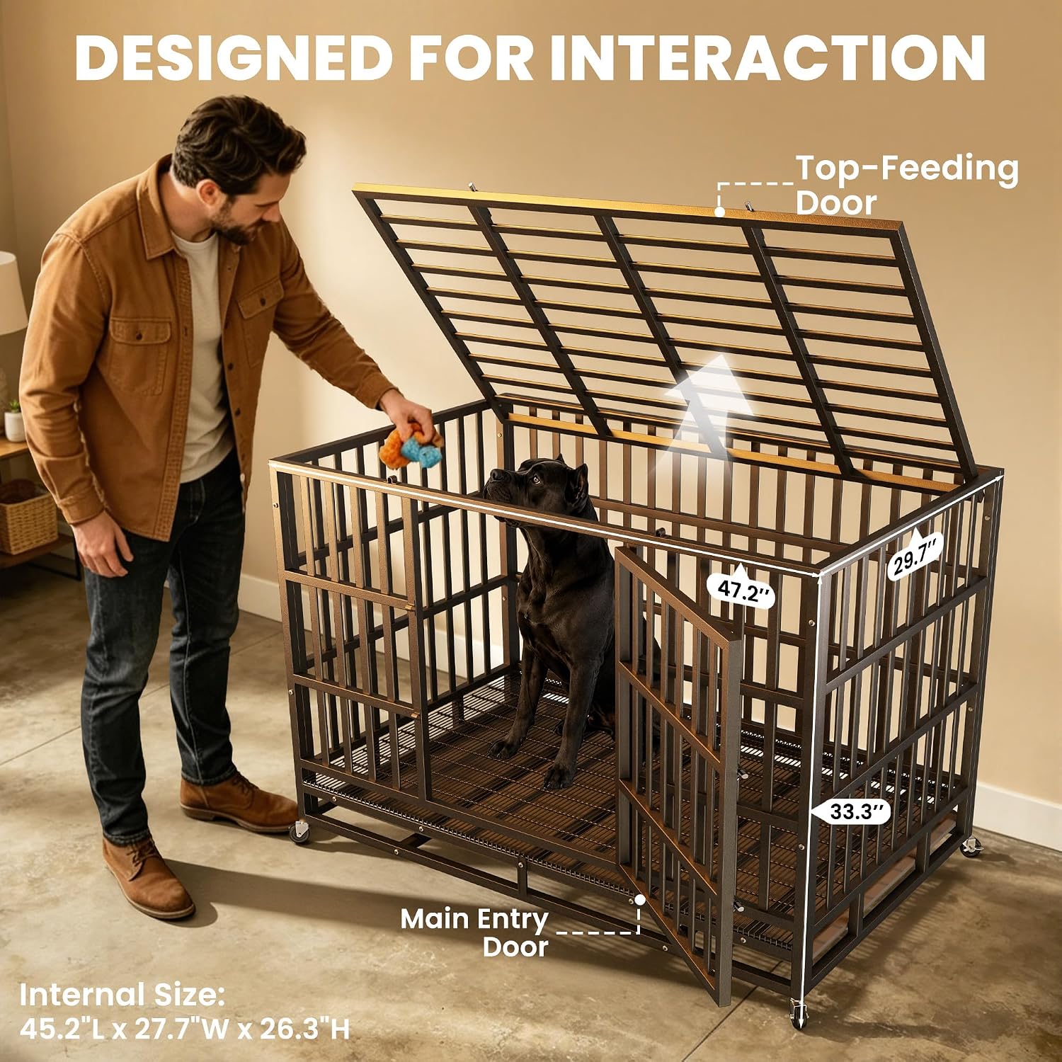 Hiwokk 48 Inch Heavy Duty Dog Crate, Indestructible Escape-Proof Dog Kennel for High Anxiety Large Dogs, Strong Metal Pet Cage with Double Doors, Lockable Wheels & Removable Tray, XL XXL XXXL - Image 7