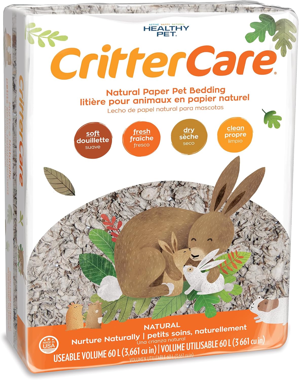 CritterCare Natural Paper Small Pet Bedding - Odor Control, Unscented, 99% Dust Free, Super Absorbent, Natural, 60L, Great for Guinea Pig Bedding, Rabbits, Hamsters, Gerbils, Mice, Rats