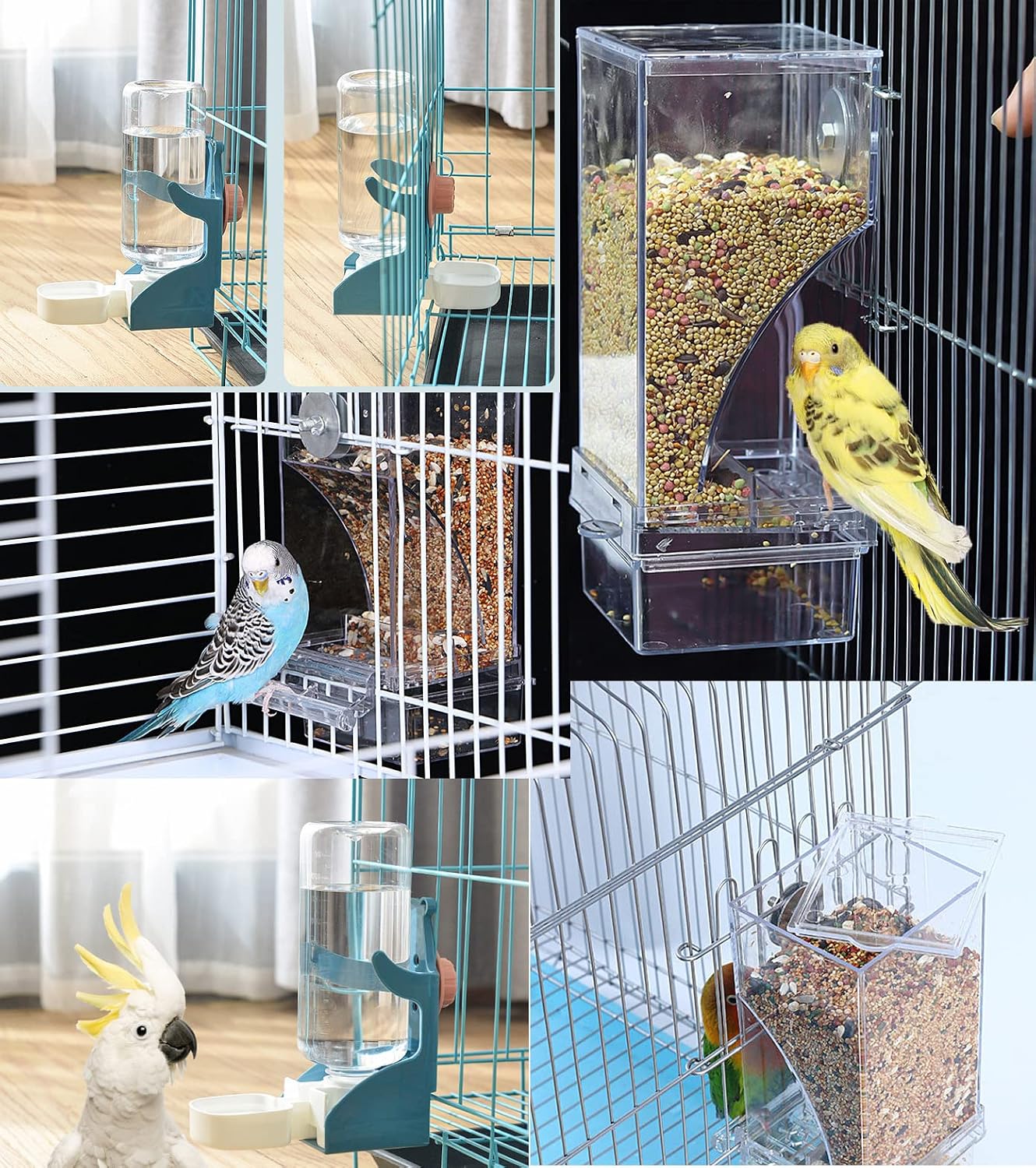 Kenond No Mess Bird Feeder Water Dispenser Set, Automatic Parrot Feeder Cage Accessories, Clear Parakeet Seed Container Food Drinker for Cage, Cockatiel Finch Lovebirds Budgies Canary (Blue) - Image 2