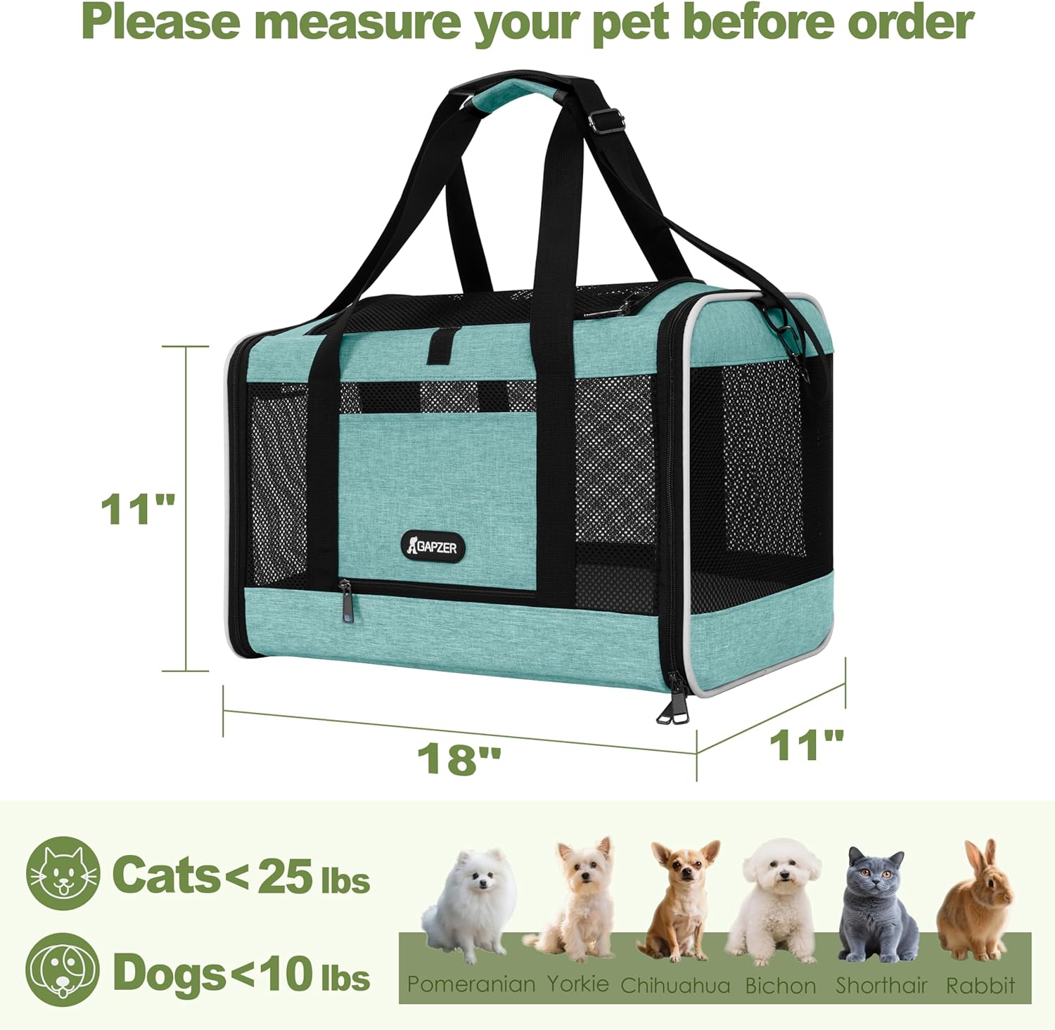 GAPZER Cat Carrier 18"x11"x11" TSA Approved Ventilated Pet Air Travel Cage | Top Open Small Animal Basic Crate, Shih Tzu Dog Softsided Durable Kennel, 4-Mesh-Side Kitty Carry on Case up to 20 lbs Teal - Image 2