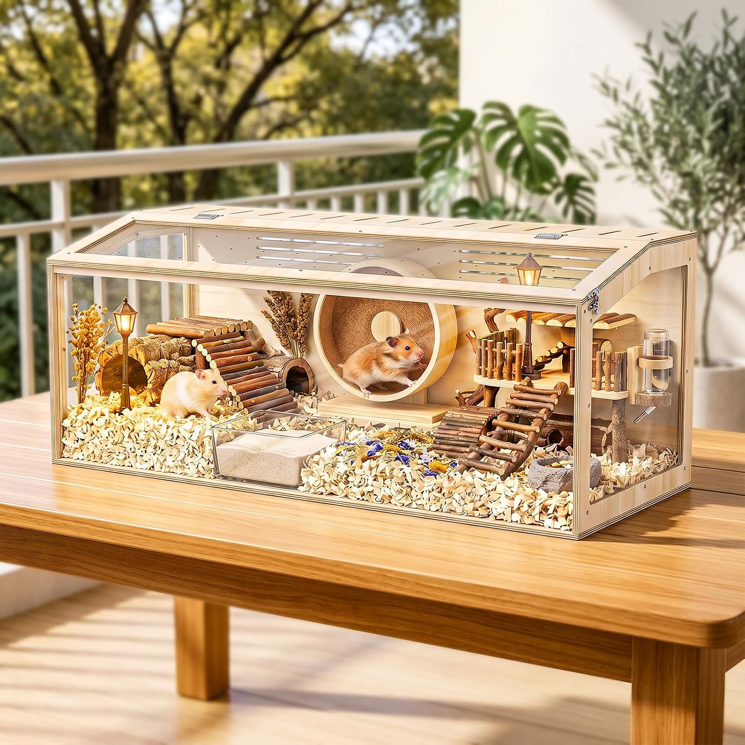 XiaZ Hamster Cage,48Inch Large Hamster Tank with Panoramic View and Ventilated Top, Spacious Acrylic Glass Habitat for Syrian Dwarf Hamsters and Degus, Natural Wood Frame Enclosure - Image 5