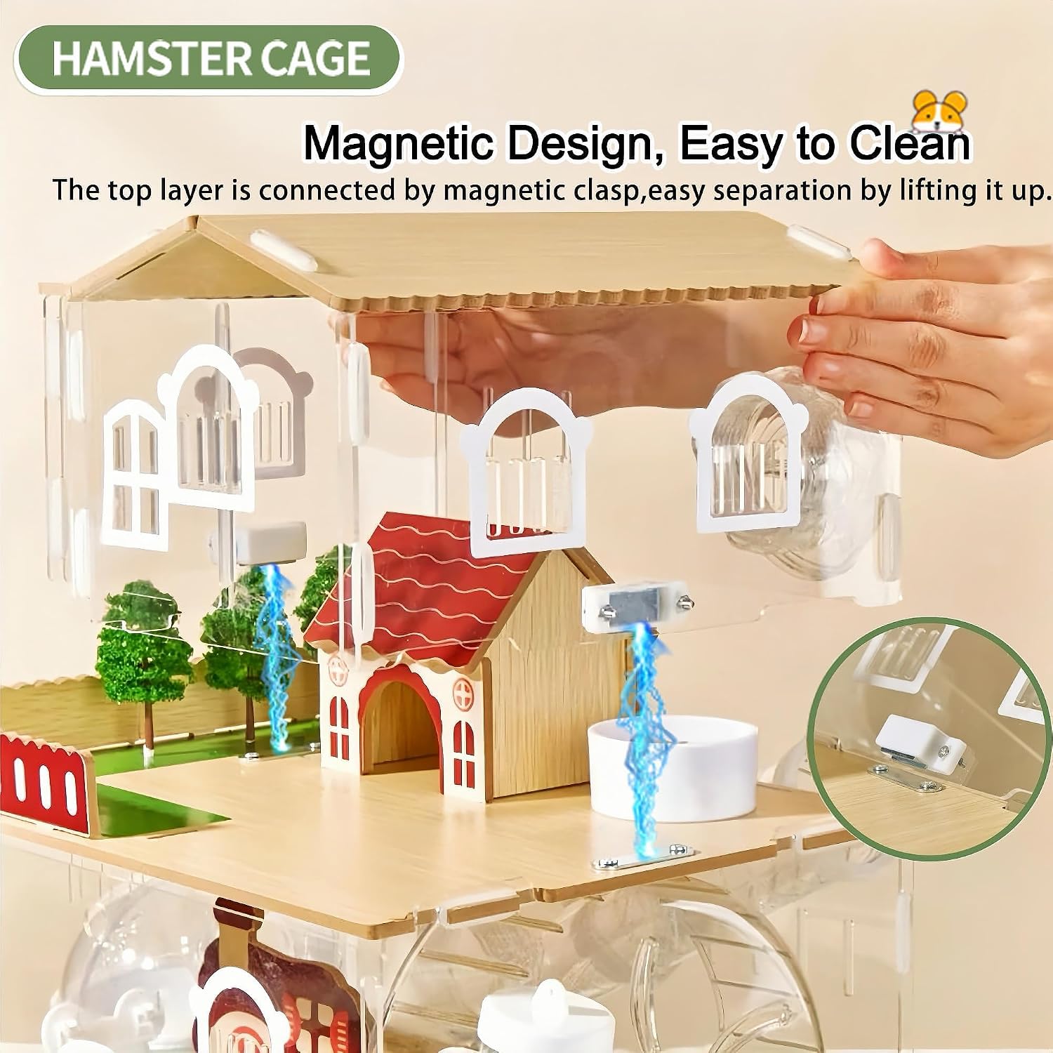 17 in 1 Clear Acrylic Hamster Cage with All Accessories,13.5''L* 10''W* 21''H Dwarf Hamster Cage,Magnetic Connection Small Hamster Enclosure,Garden Style Wooden Pet Mouse Cage for Pet Mice(3-Layer) - Image 3