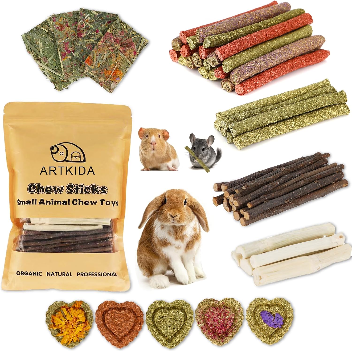 70PCS Rabbit Bunny Guinea Pig Chew Toys Treats, Chinchilla Hamster Chews Toys for Teeth, Timothy Hay Chips Treats Sticks for Rabbit Guinea Pig Chinchilla Hamster Rat