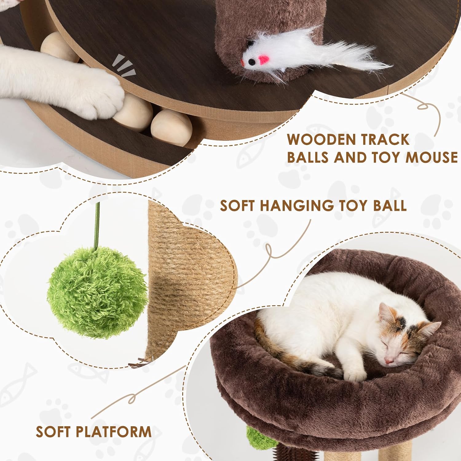 22 Inch Heavy-Duty Cat Scratching Post with Cozy Plush Bed, 3 Sisal Scratching Posts, Interactive Cat Scratcher with Grooming Brush, Hanging Pom-Pom, Track Balls & Mouse Toy for Indoor Cats - Image 4