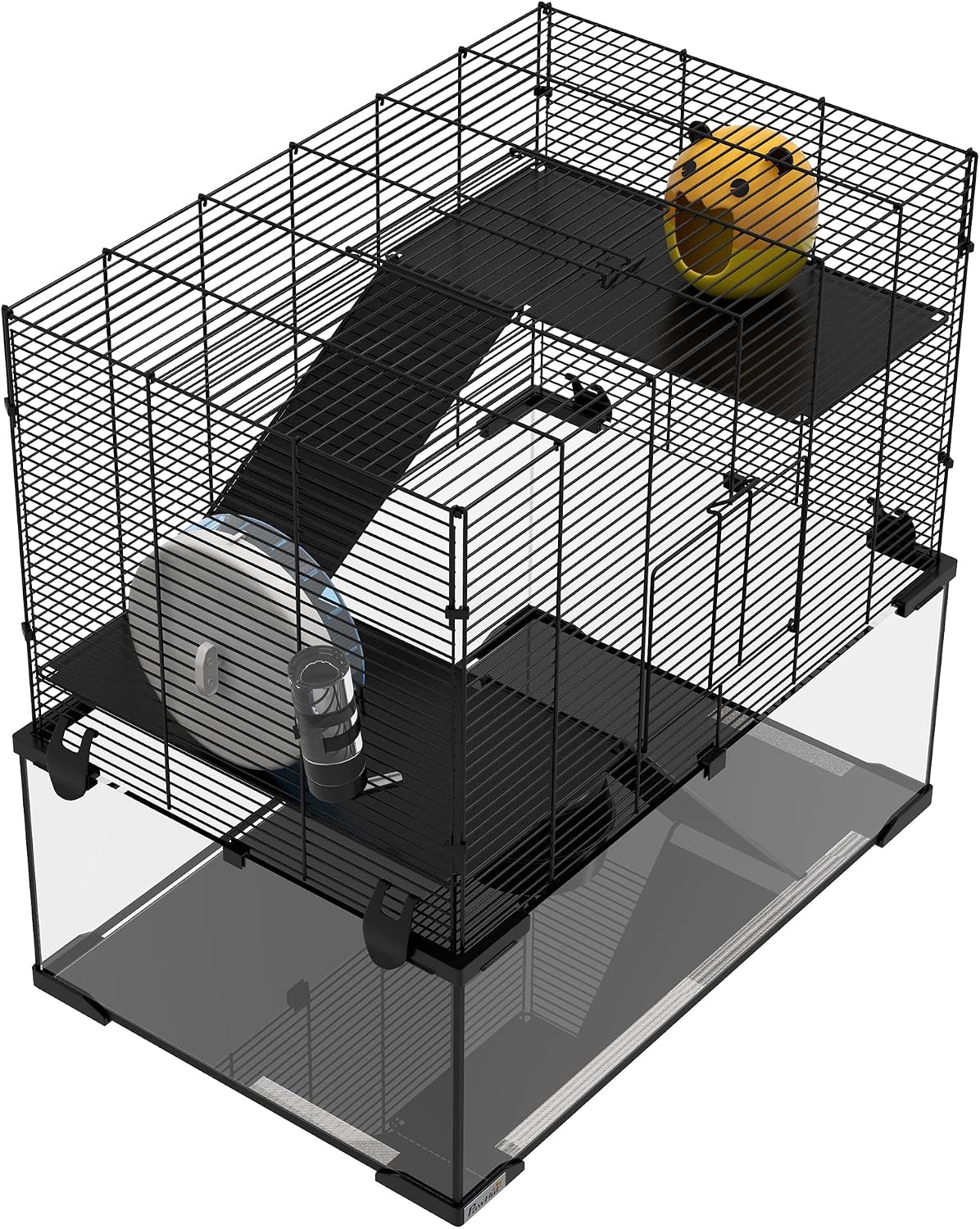 PawHut Large Hamster Cage with Deep Tempered Glass Bottom, 3 Tiers Hamster Tank with Running Wheel, Hut, Water Bottle, Dish, Rat Cage for Syrian, Dwarf, Gerbils, Mouse, 23.5" x 16" x 22.5", Black - Image 8