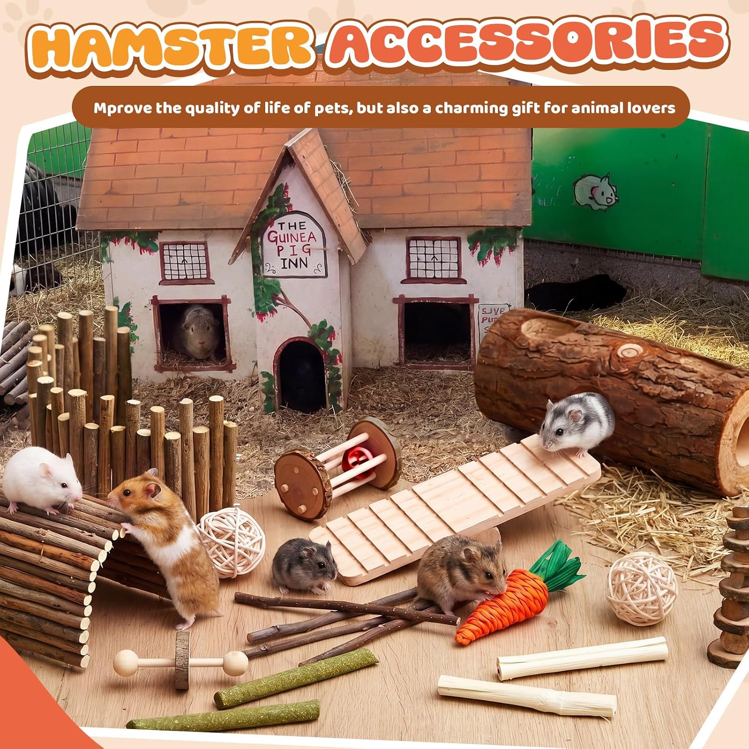 19 Pcs Hamster Cage Accessories Hamster Chew Toys Set, Maze Wood House Natural WoodenTunnel Tube Toy Set for Rat Mice Small Animals Habitat (Maze Tunnel) - Image 6