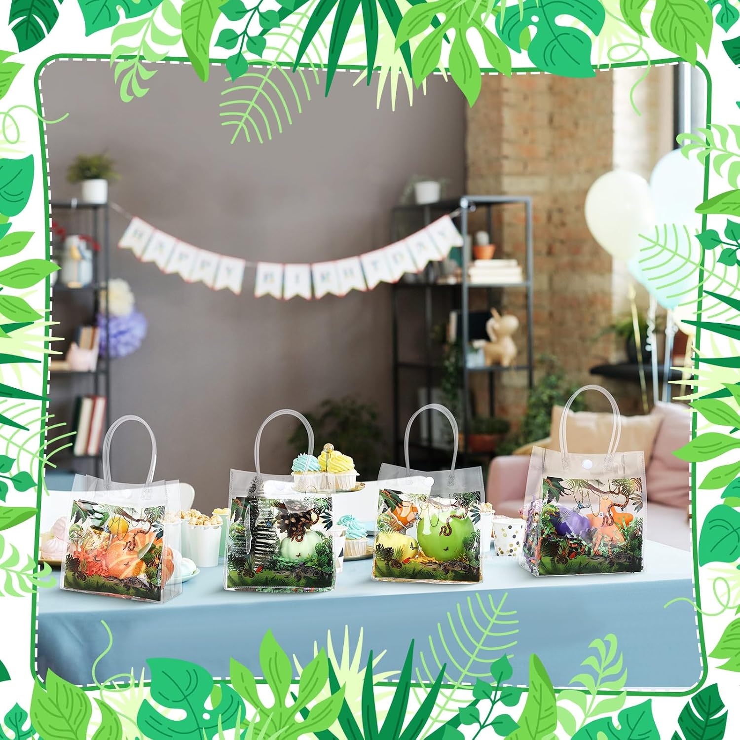 Leinuosen 24 Pcs Reptile Party Favor Reptile Swamp Clear PVC Gift Bags with Handle Lizards Turtles Snakes Crocodiles Treat Bags for Wildlife Jungle Animal Party Supplies - Image 6