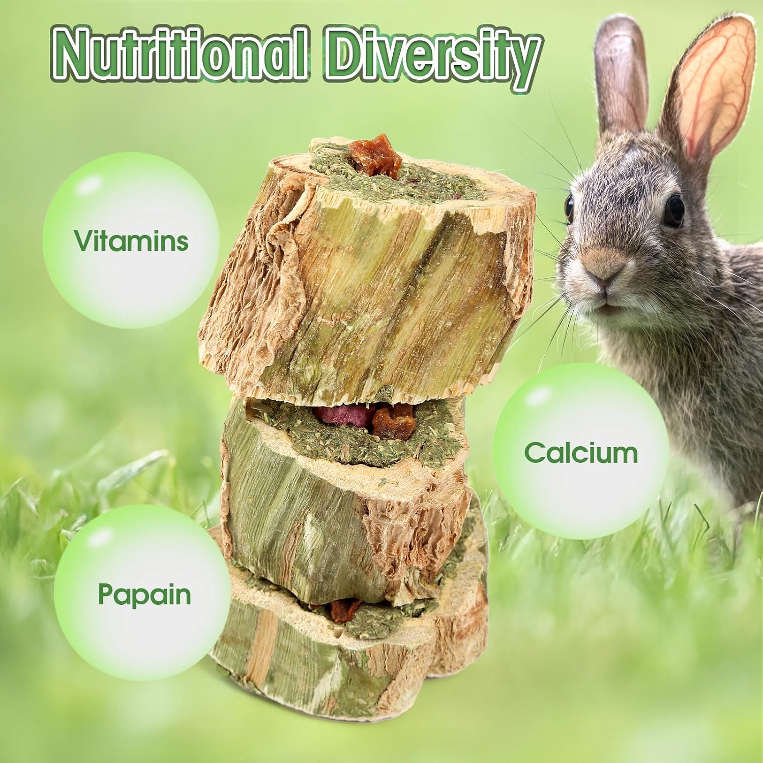 Abizoo Rabbit Chew Toys for Bunny Natural Papaya Wood Chew Treats with Organic Alfalfa Hay, Dried Carrot, Apple and Sweet Potato for Rabbits Guinea Pigs Hamsters Chinchillas Gerbils(3.5oz/100g) - Image 4