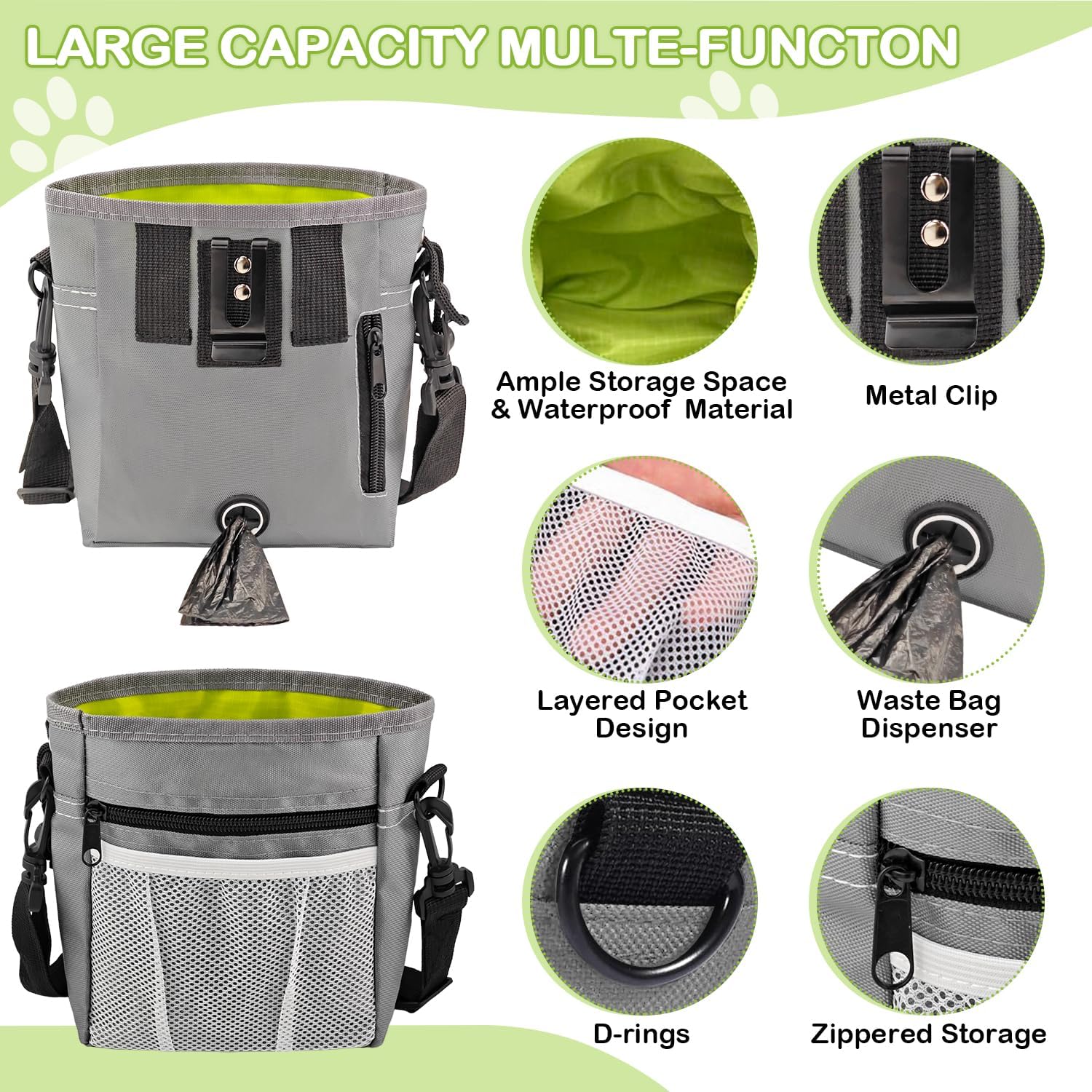 Dog Treat Pouch for Training -6 PCS Dog Training Treat Bag with Clicker, Poop Bag Dispenser, Whistle, Collapsible Bowl, Silicone Pouch, Adjustable Waist Pack for Dog Walk, Park, Outdoor Charcoal Gray - Image 3