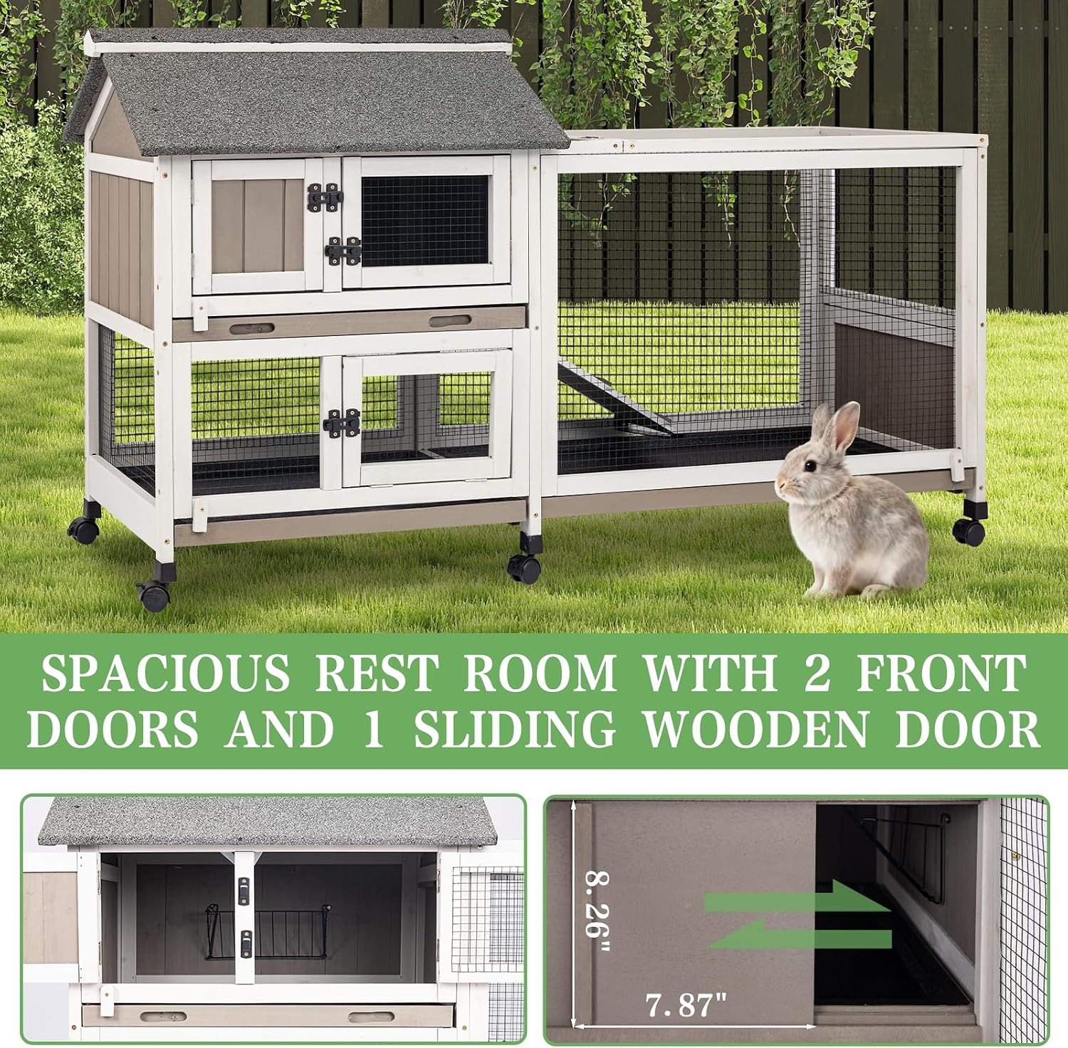 2-Story Rabbit Hutch Indoor & Outdoor, Large Bunny Hutch with 3 Pull-Out Trays, 6 Lockable Wheels, Wooden Rabbit Cage with Asphalt Roof & 6 Accesses for 2-4 Rabbits, Backyard, Home, Patio - Image 5