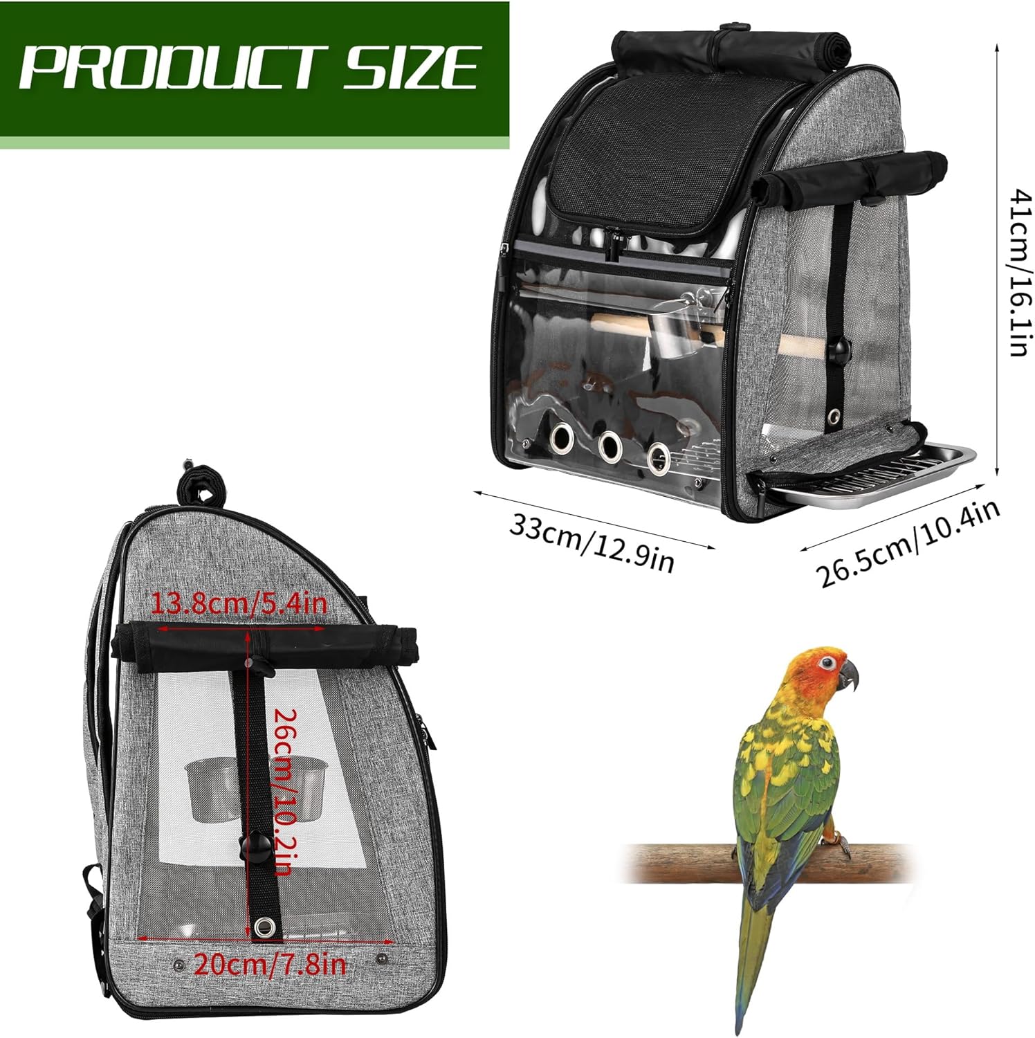 Bird Carrier Bag with Indestructible Stainless Steel Mesh, Bird Travel Cage with Stand, Easy to Clean Backpack for Parrot, Portable Bird Travel Bag, Grey - Image 4