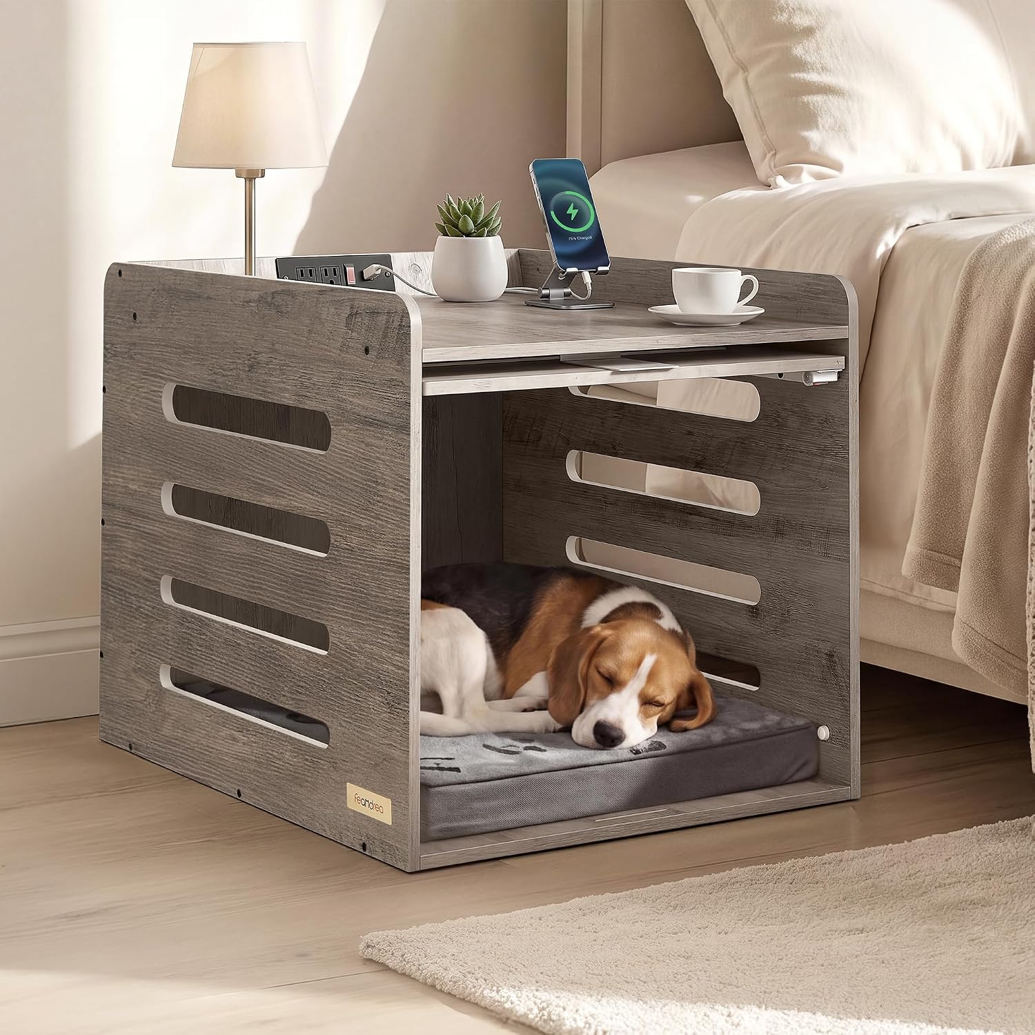 Feandrea Modern Dog Crate Furniture with Flip-Up Hidden Door, Charging Station, Dog Kennel House Indoor for Pets up to 45 lb, Pet Side End Table Cage, Heather Greige UPOC002LK01S