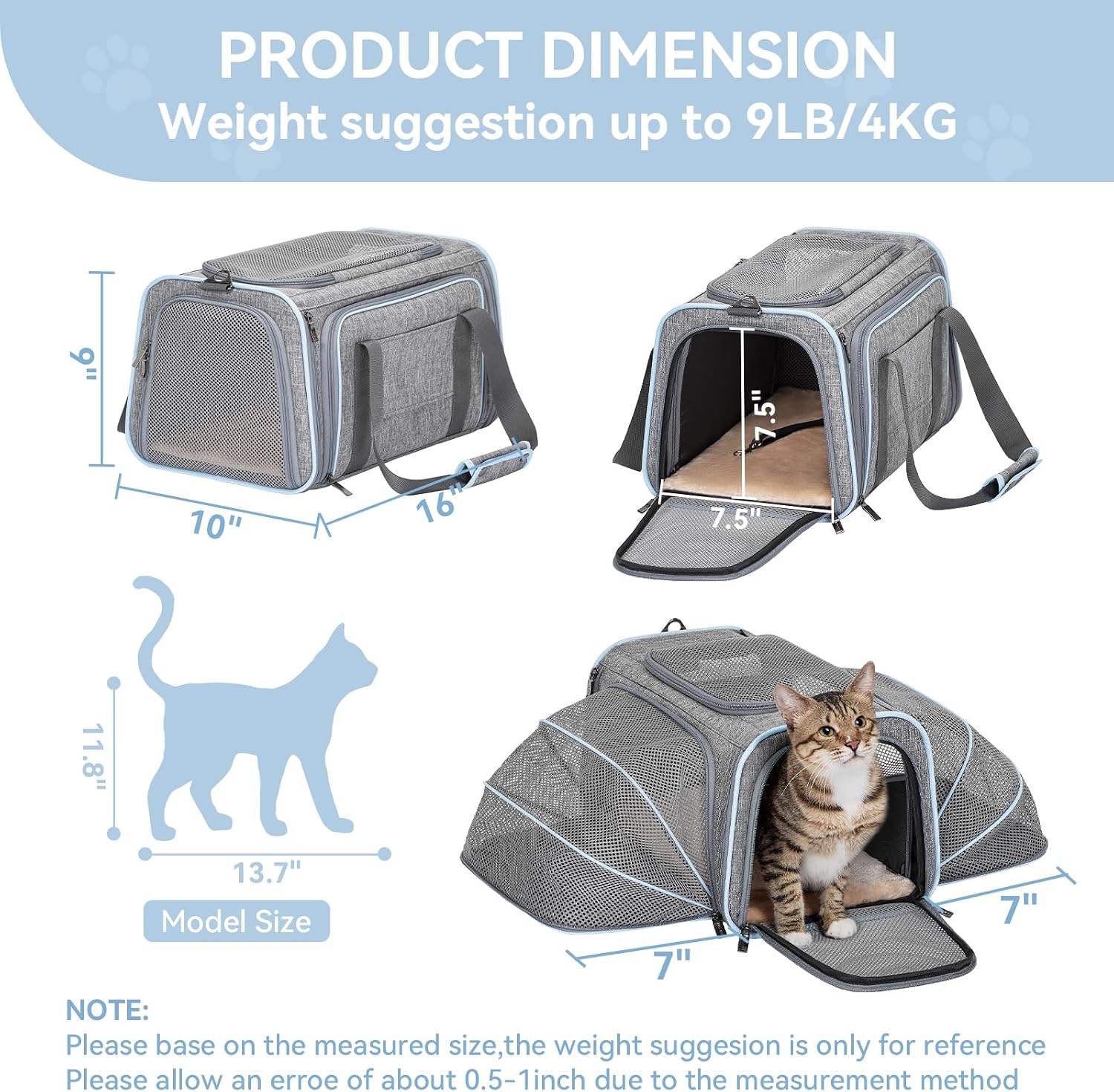 Petsfit Expandable Small Cat Carriers Dog Carrier, Airline Approved Soft-Sided Portable Washable Pet Travel Carrier with Two Extension Up to 9LB - Image 4