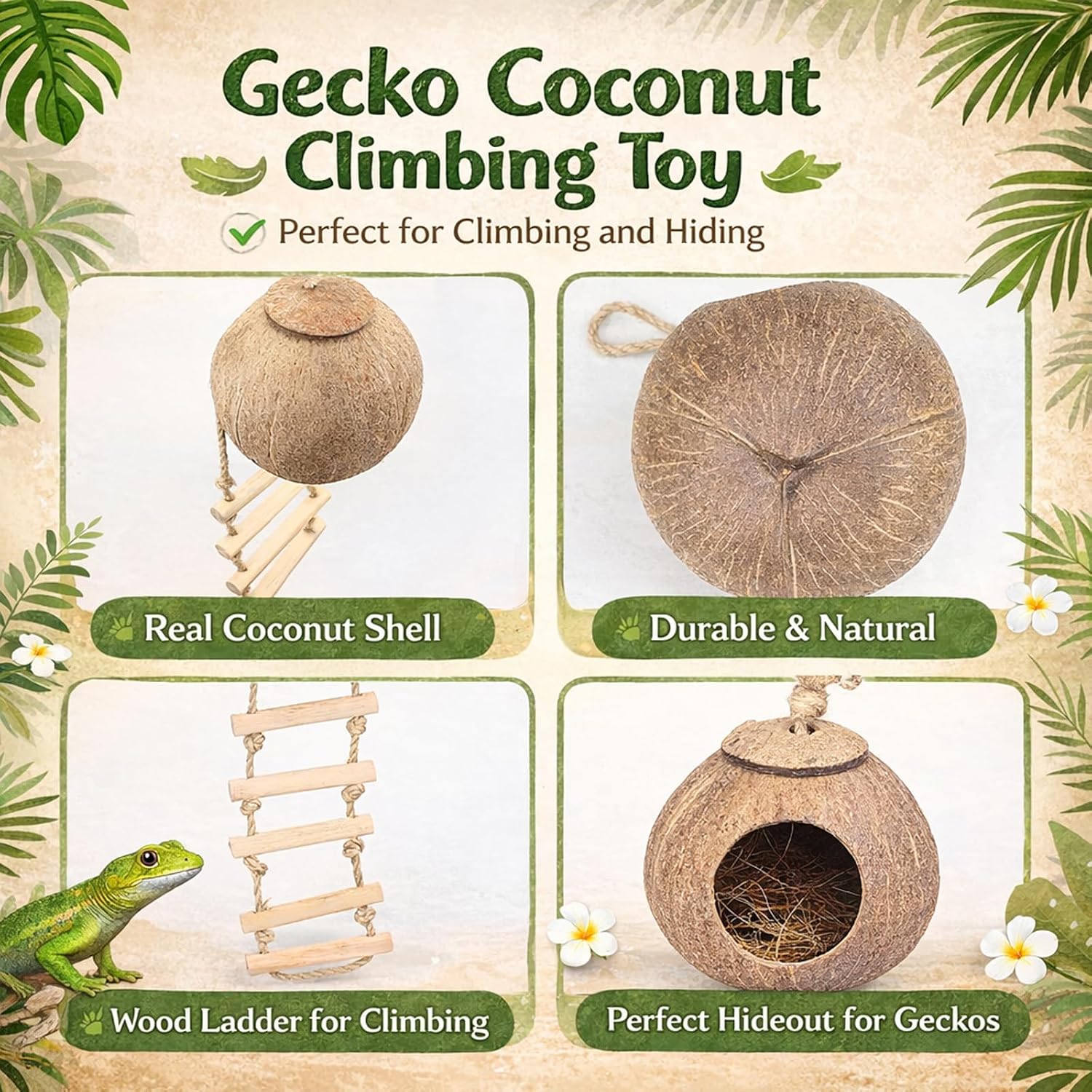 HERCOCCI Crested Gecko Tank Accessories, Reptile Hanging Plants Vines with Natural Coconut Shell Hideout & Climbing Ladder Decor for Hermit Crab Lizard Leopard Gecko Chameleon Snake Terrarium Decor - Image 8