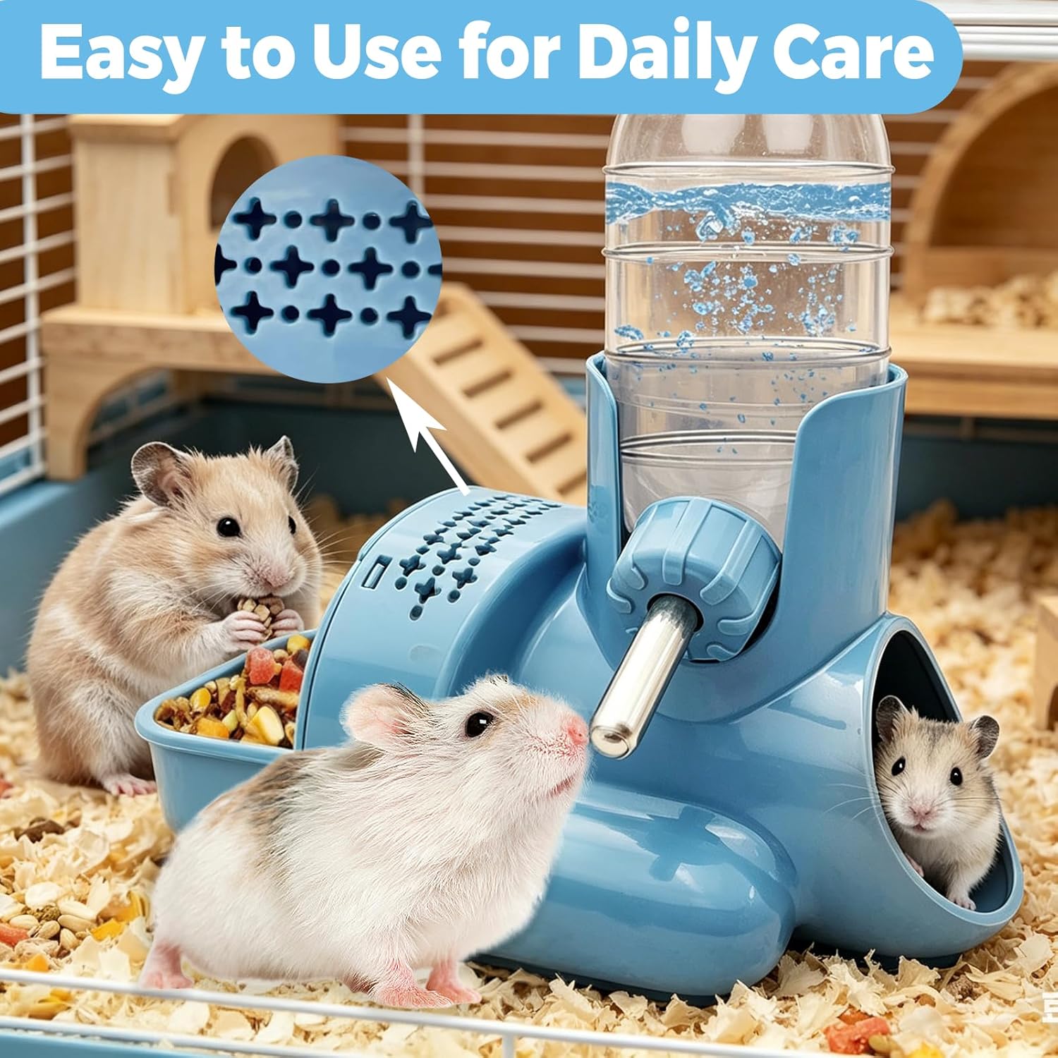 VANNON 3-in-1 Hamster Water Bottle with Food Bowl & Hideout Base, Blue | 3-in-1 feeding station combines water, food and hideout space to help keep hamster cages organized and easy to maintain. - Image 8