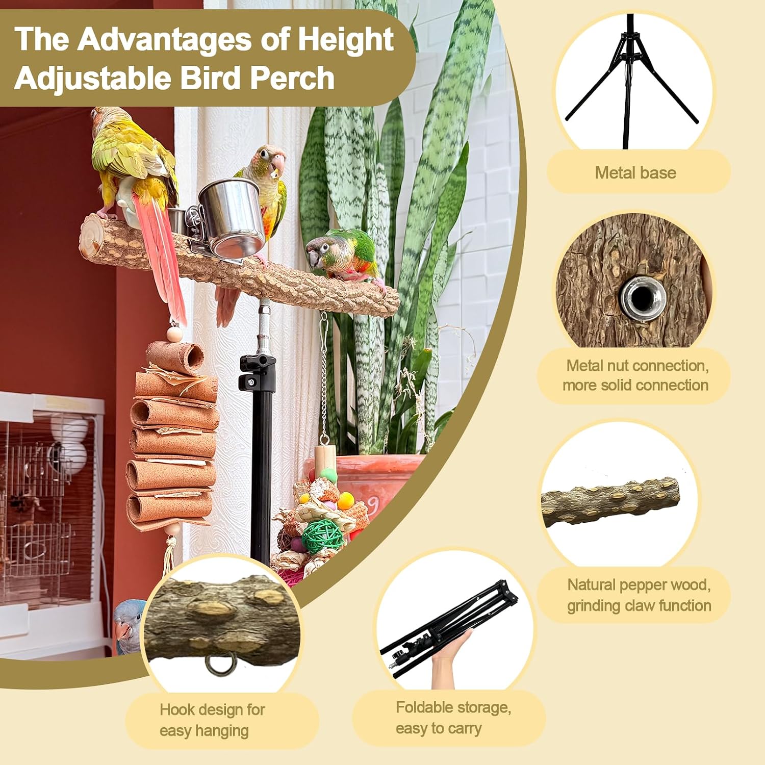 3-Layer 16-63 Inch Height Adjustable Bird Perch Pepper Wood Birds Training Perch Stand Parakeet Perches Indoor and Outdoor Parrot Stands for Small to Medium Bird - Image 2