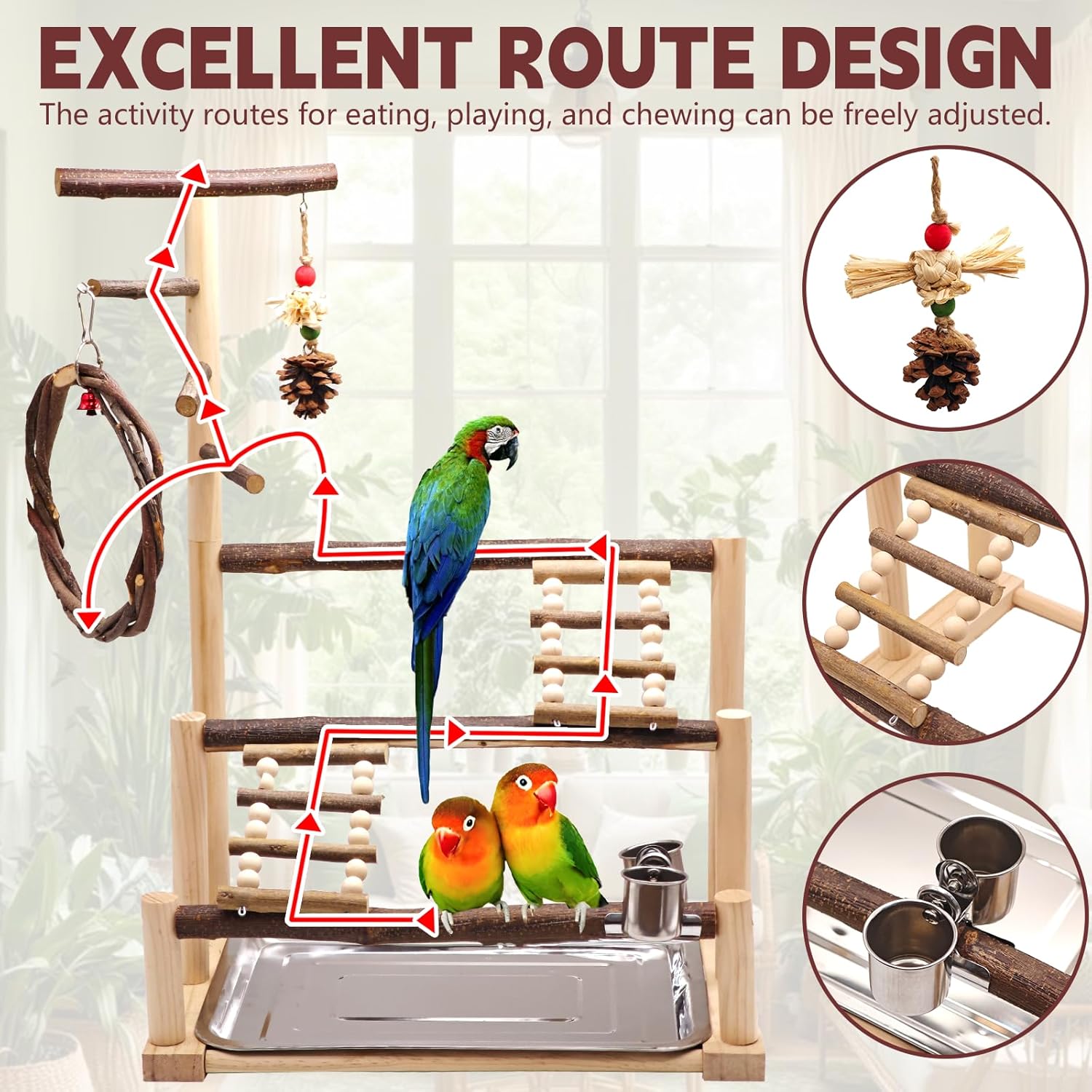 Bird Playground, Natural Wooden Parrot Stand Suitable for Small and Medium Birds, with Feeding Cups, Swing, Chew Toys,Bird Perch Ideal for Parakeets, Budgerigars,Canaries,Conures - Image 3