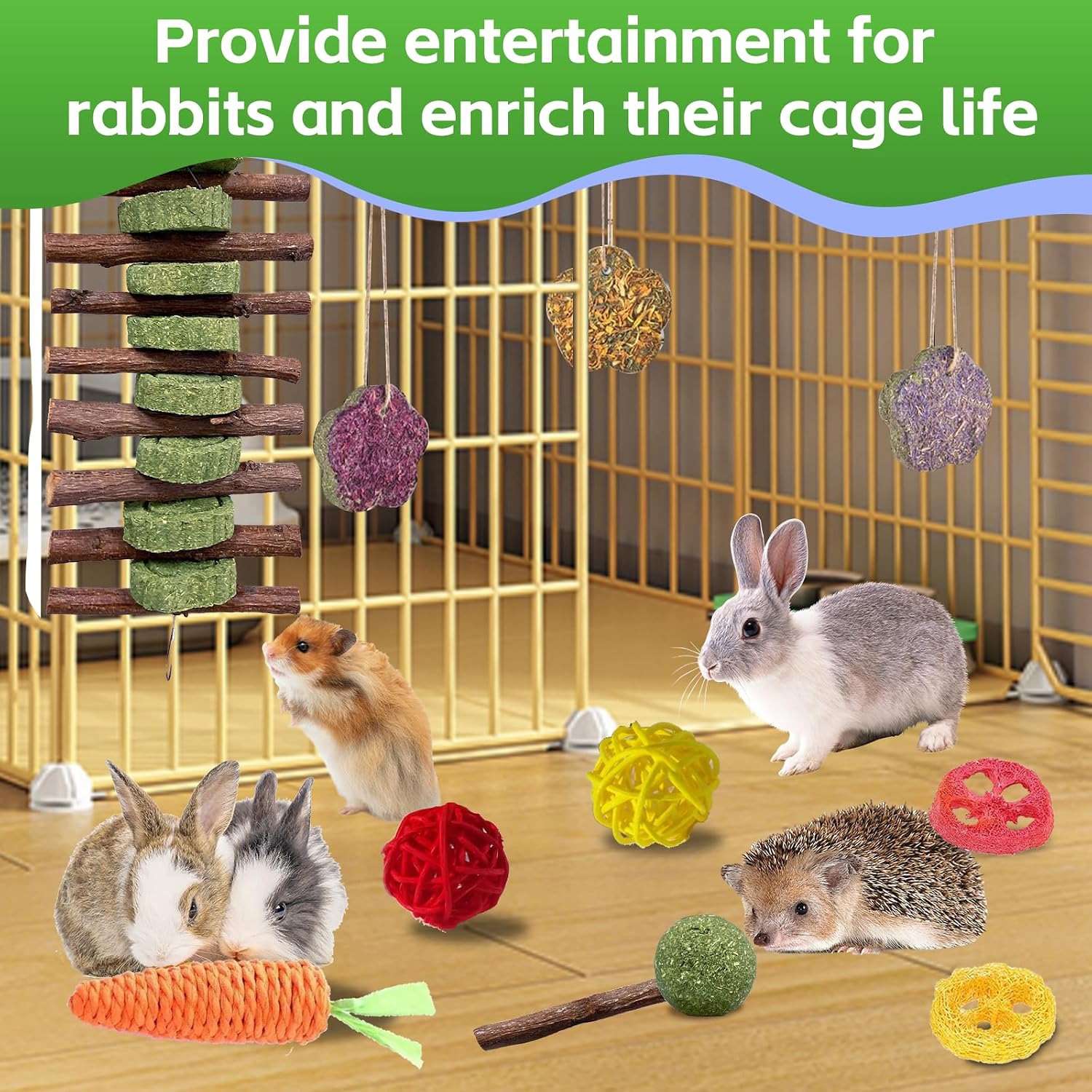 WDEFUN 21PCS Rabbit Chew Toys for Teeth Grinding, Natural Timothy Hay Cakes Treats for Bunny, Organic Apple Wood Sticks Toy Set for Guinea Pigs, Hamsters, Chinchillas,Dental Health & Boredom Relief - Image 4