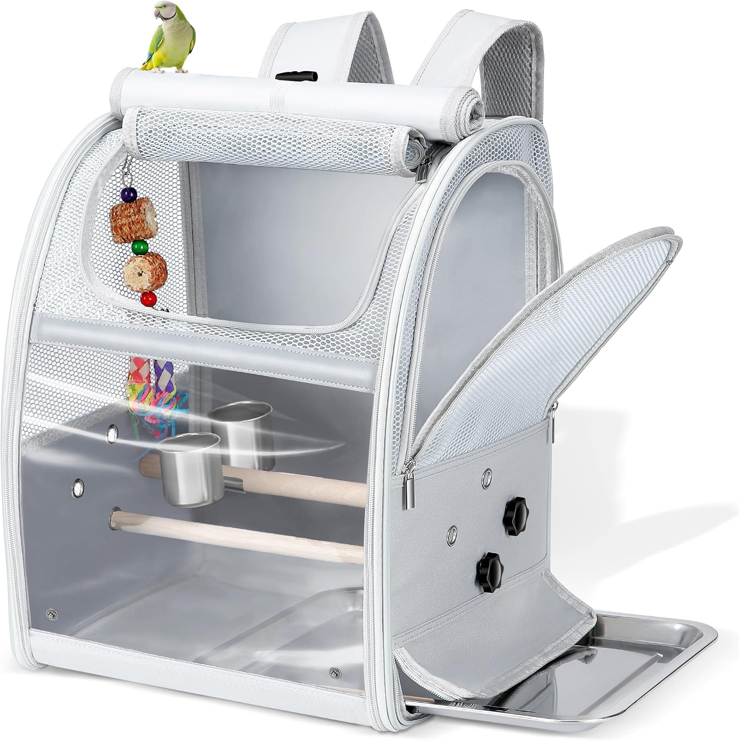 Sanmoncare Bird Carrier Backpack with 2 Adjustable Perches, Water-Repellent Parrot Travel Cage with Stainless Steel Tray, Breathable Pet Carrier for Cockatiels, Conures and Vet Visits