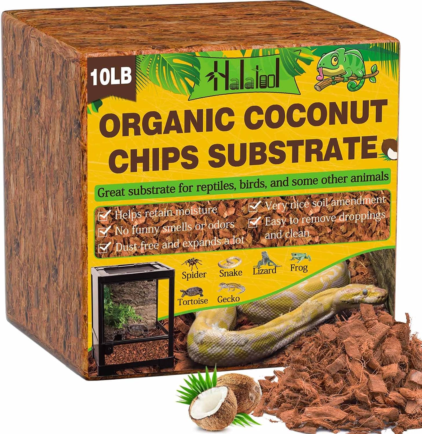Halatool Organic 10LB Coconut Husk for Reptiles | Expands to 72 Quarts, Natural Coconut Bedding for Snakes, Tortoises, Ball Pythons, Geckos, Lizards